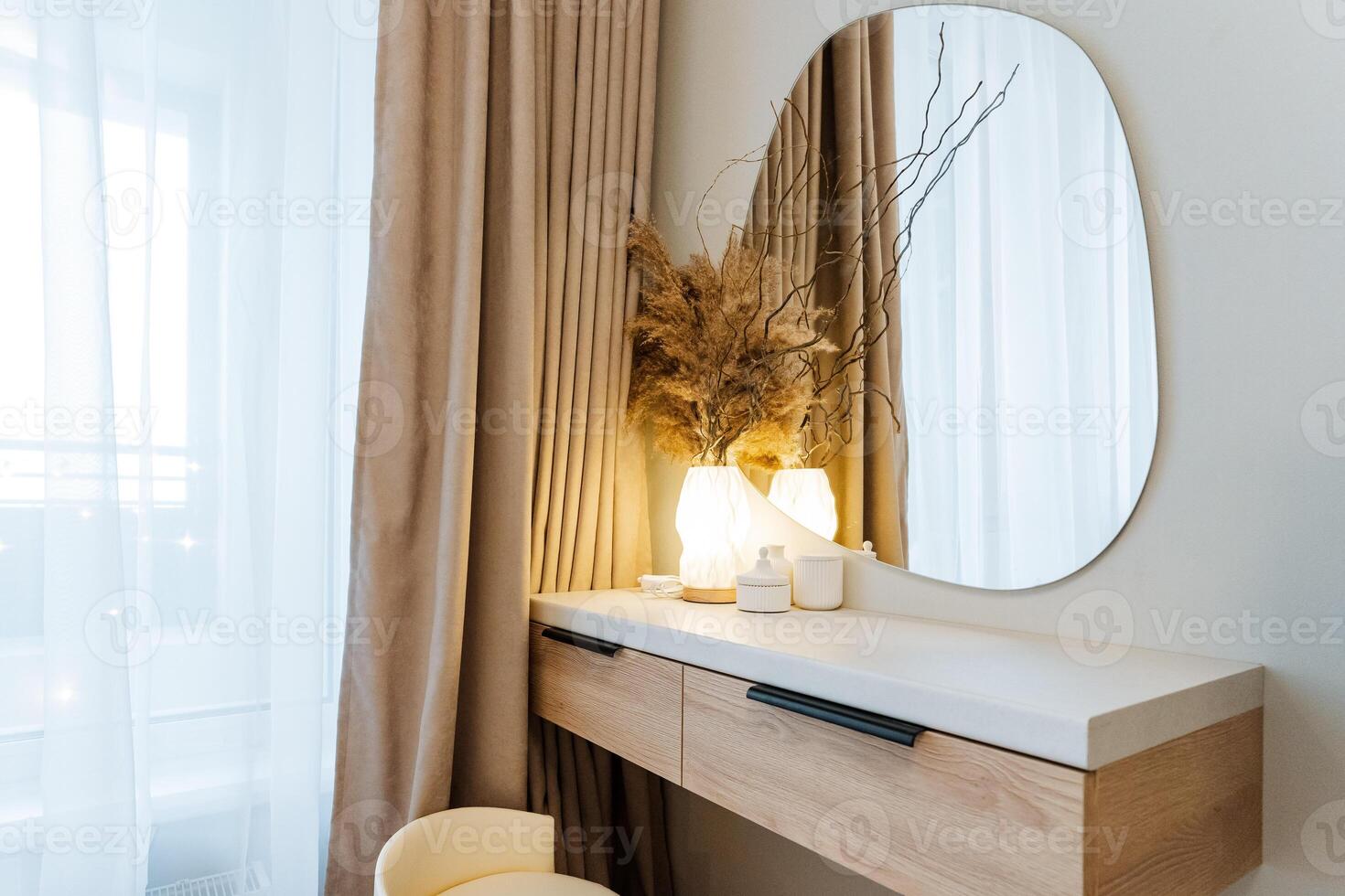 An Elegant Minimalist Vanity Setup aesthetically designed, featuring Natural Elements and Soft Lighting to create a serene atmosphere, perfect for enhancing your daily routine photo