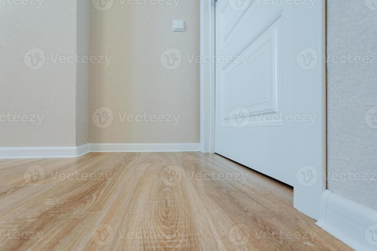 A vast empty room with a polished wooden floor and a solitary white door creates a captivating minimalist aesthetic, highlighting the natural beauty of the materials used photo