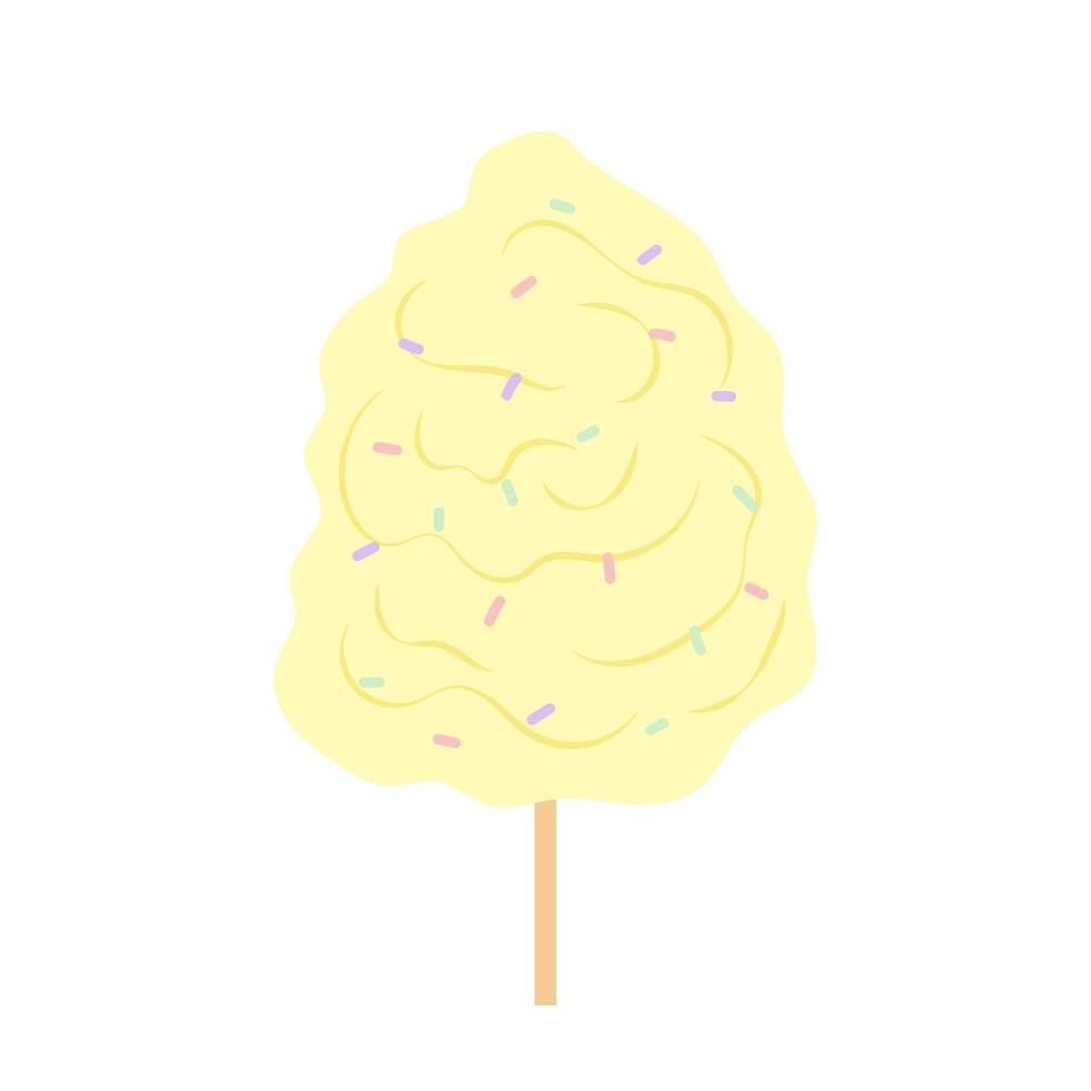 Yellow candyfloss. Sweet sugar dessert. Takeaway. Park, lunapark, circus. Flat illustrations cotton candy with topping. vector