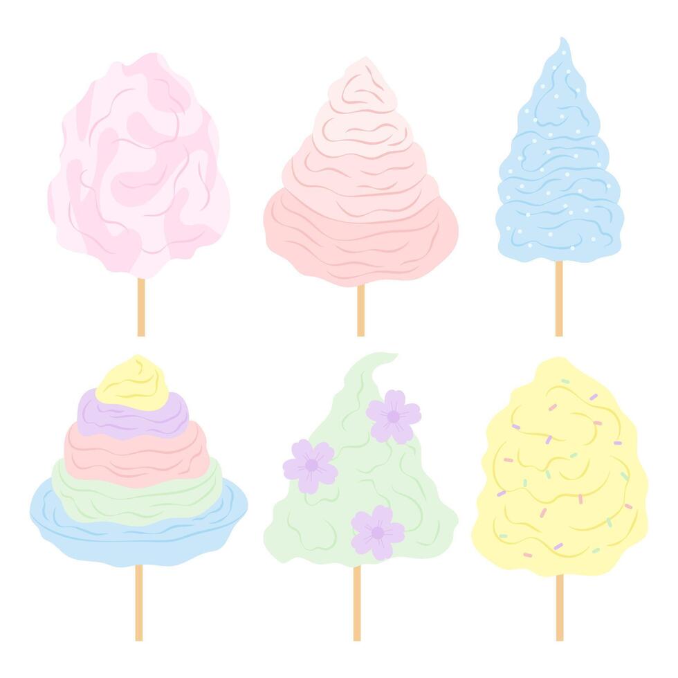 Candyfloss. Sweet sugar dessert. Takeaway. Park, lunapark, circus. Set flat illustrations in coloured cotton candy with different topping. vector