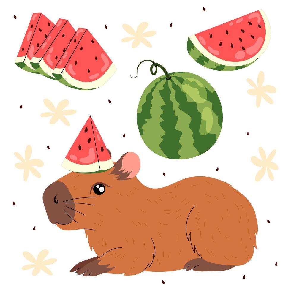 Funny capybara with watermelon slice on head. Kawaii herbivorous rodent. Ripe summer fruit. Set flat illustrations ripe watermelon slices. vector