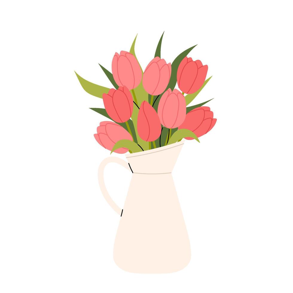 Fresh bouquet of tulips in jug. Spring flowers. Pink tulips. For postcards, interior decor, social media, blog, sticker, labels, covers. vector
