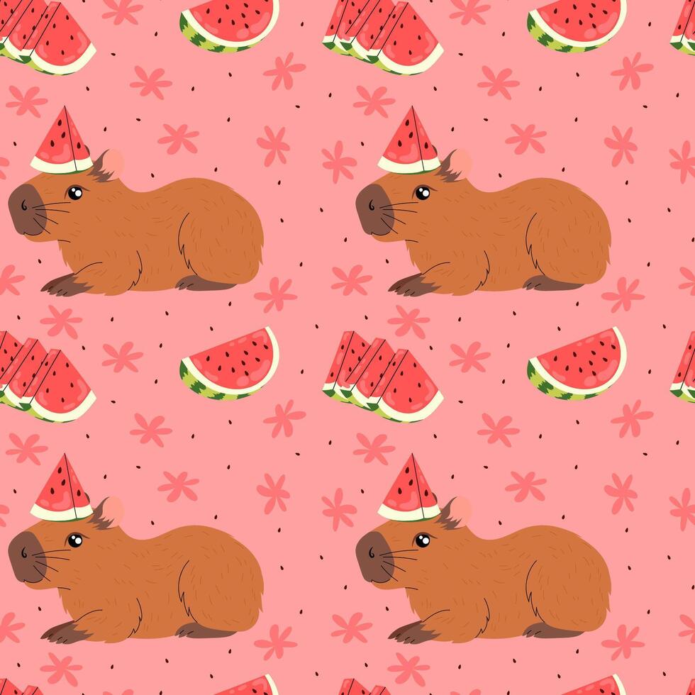 Cute seamless pattern with capybaras and ripe watermelons on red background. Fun and playful design for summer themed projects. vector