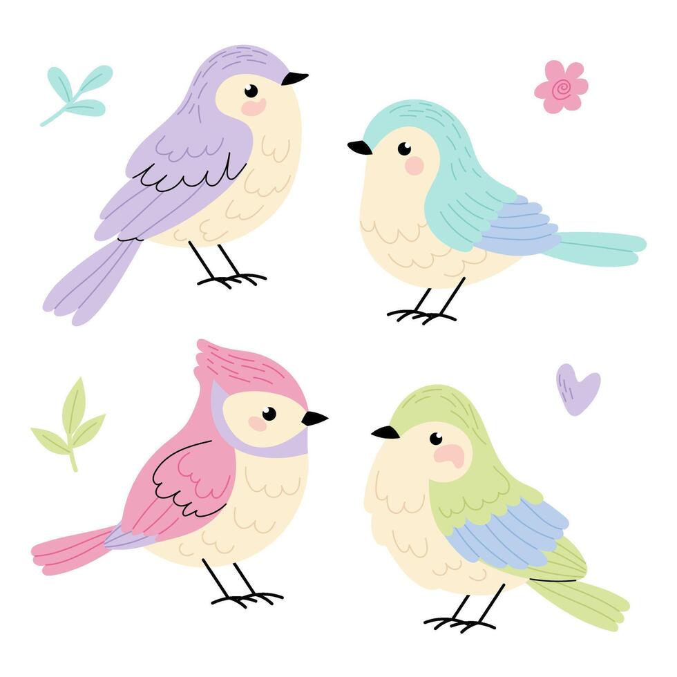 Cute spring birds. Set adorable small bird. Flat illustration on white background. Spring. vector
