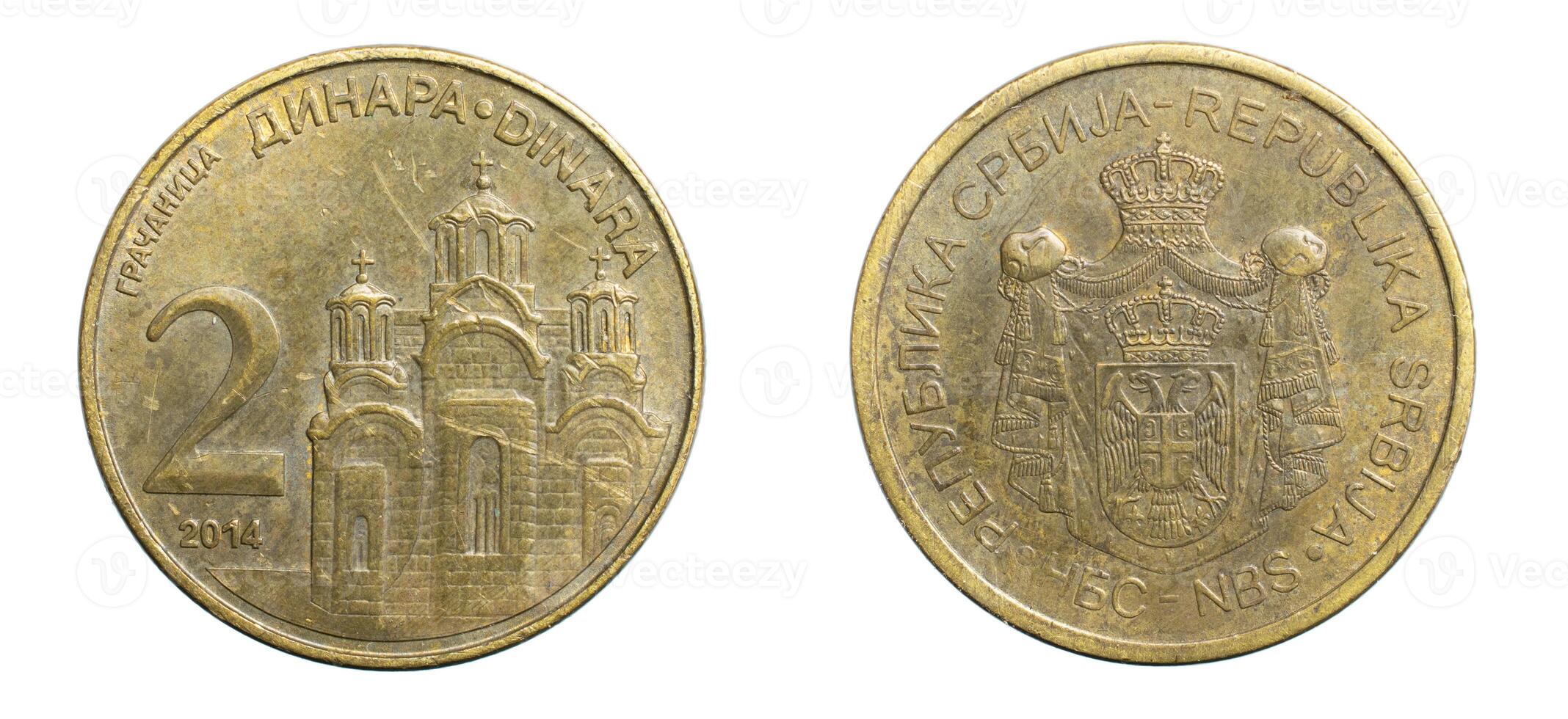 Serbian two dinar coin isolated on white background photo