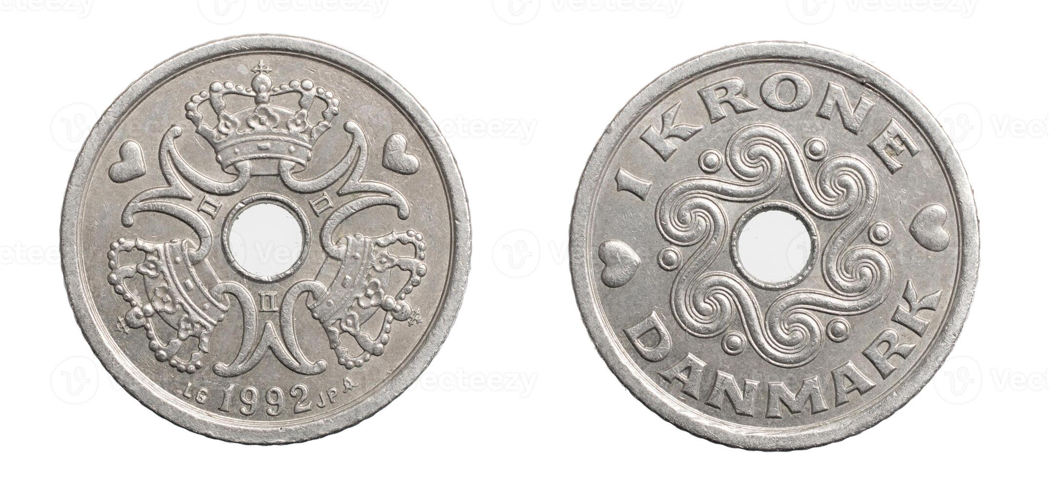 1 danish krone coin isolated on white background photo