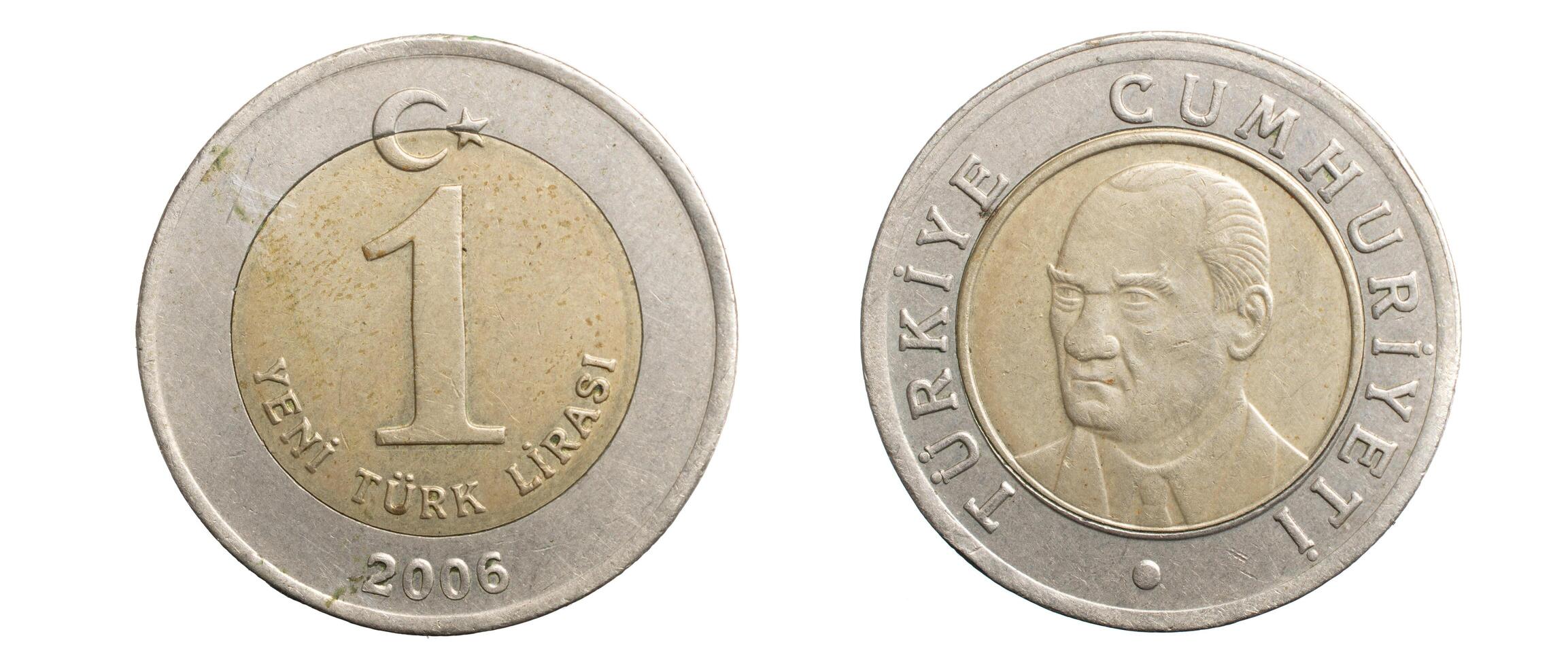 Turkish 1 lira coin on white isolated background photo