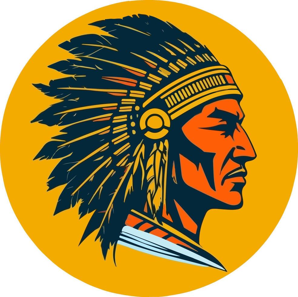 Bold Native American warrior with feathered headdress, reflecting indigenous culture and tribal identity. vector