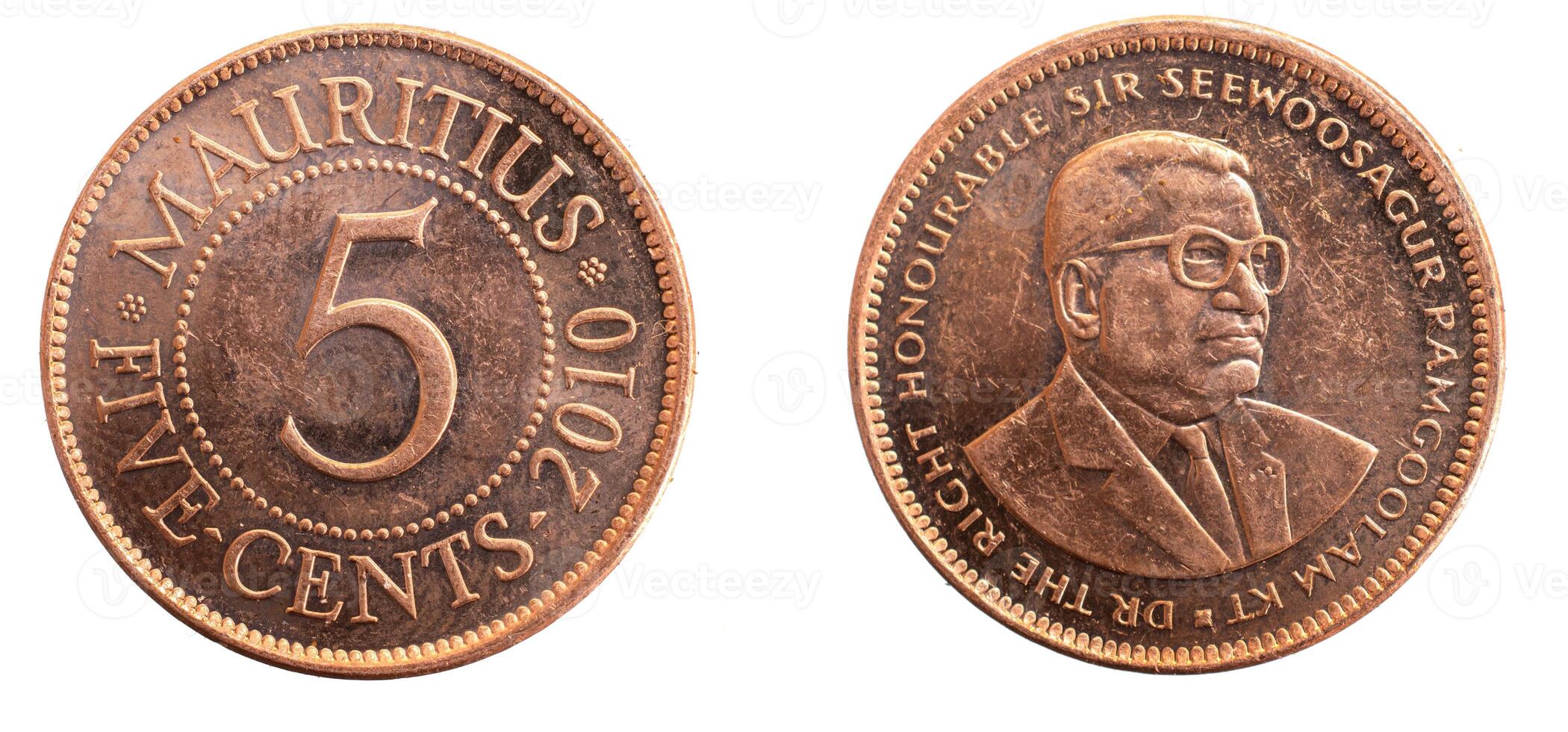 Mauritius five cents coin on a white isolated background, photo