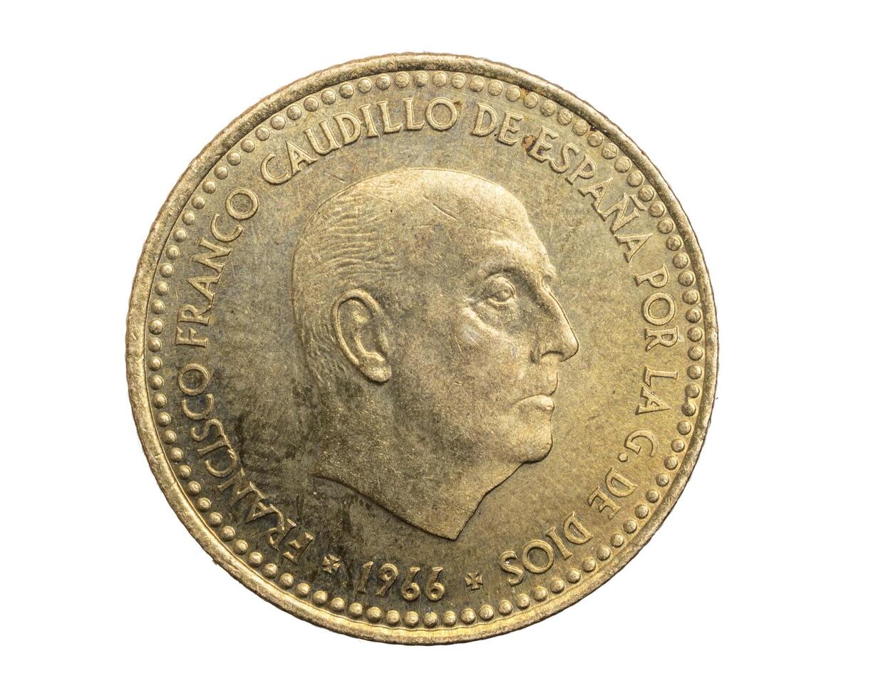 Spain one peseta coin on white background. photo