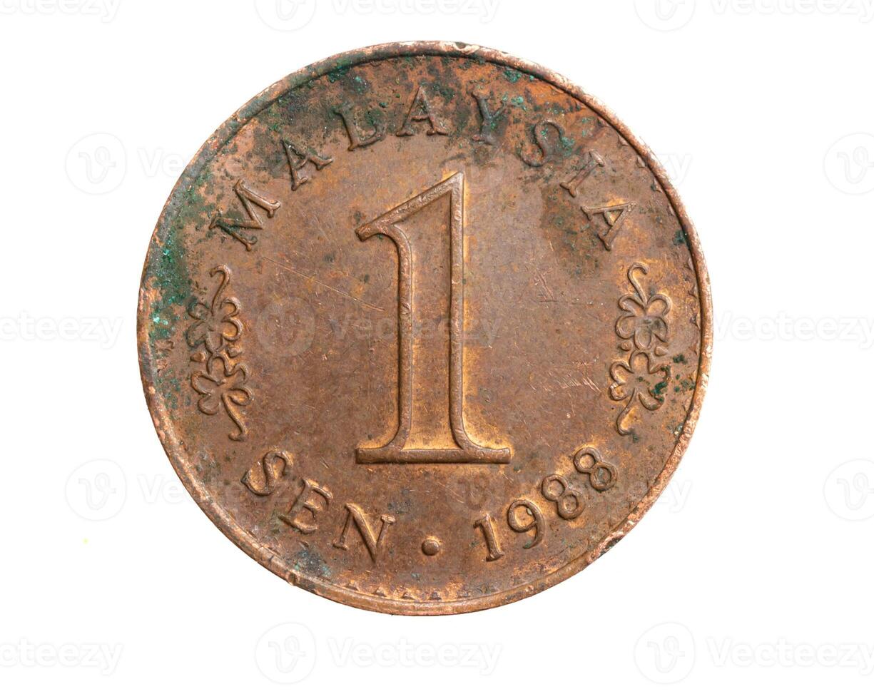 Malaysia one sen coin on a white isolated background photo