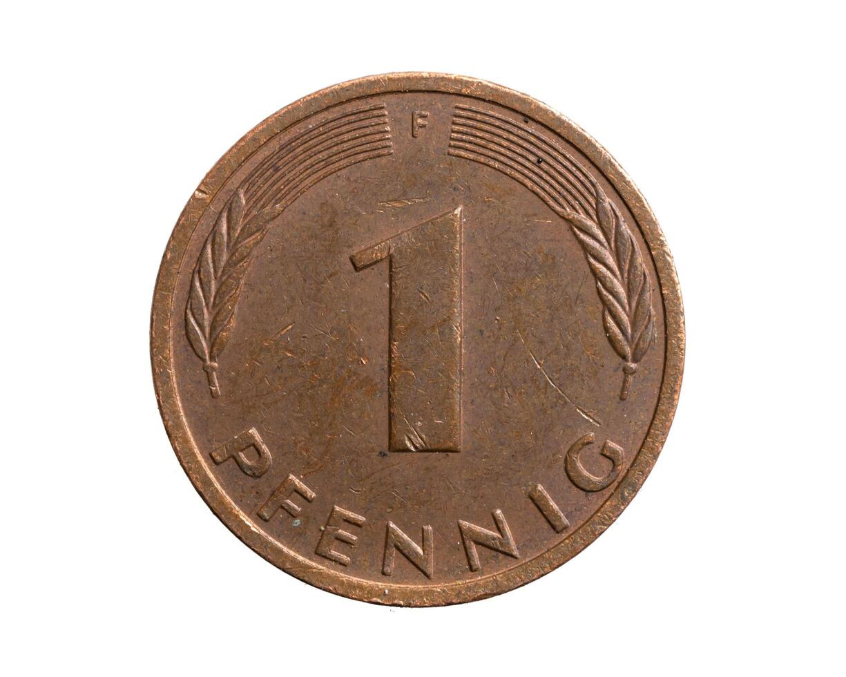 Germany one pfennig coin on a white isolated background. photo