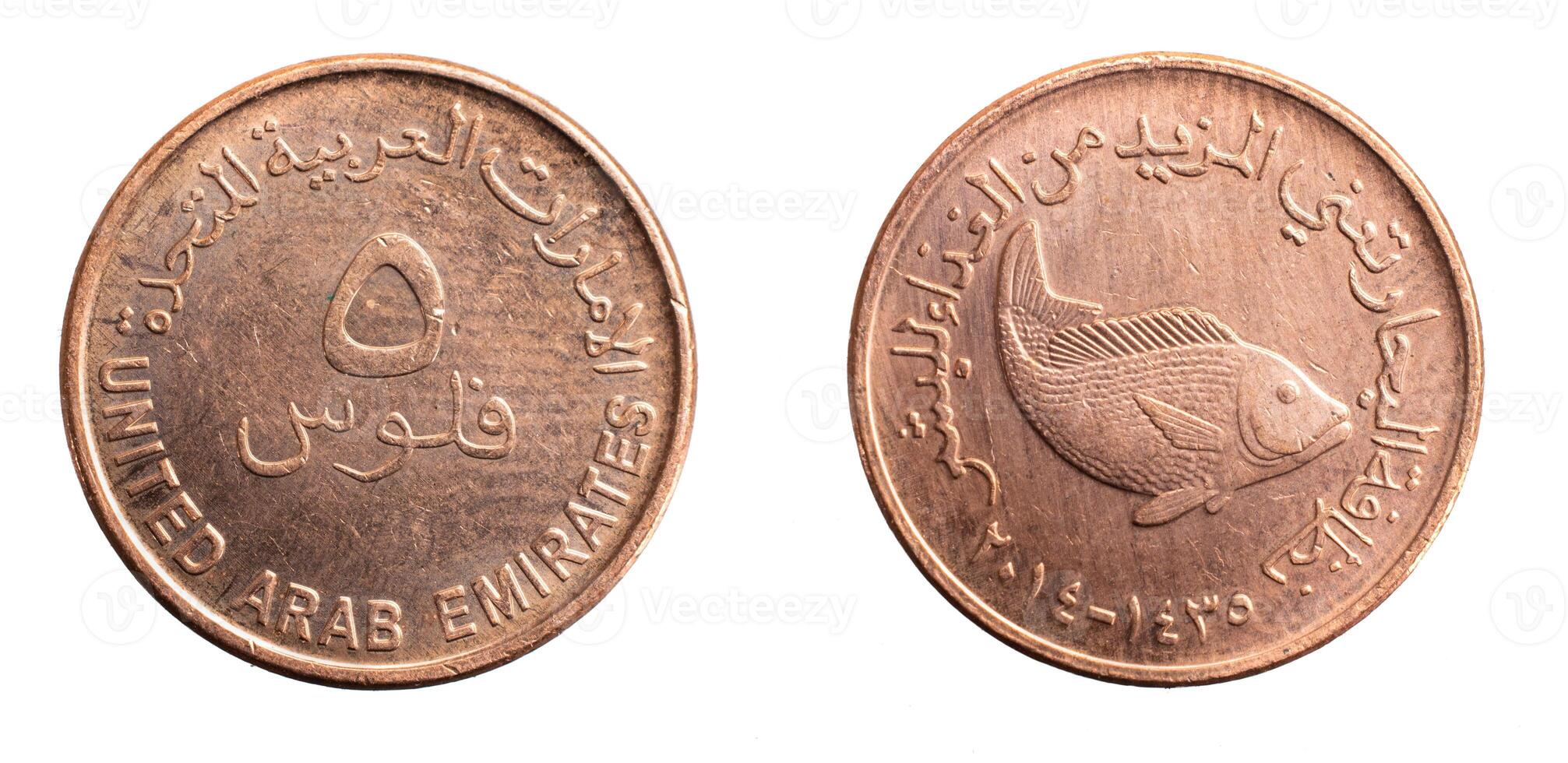 Arab Emirates five filis coin on white isolated background. photo