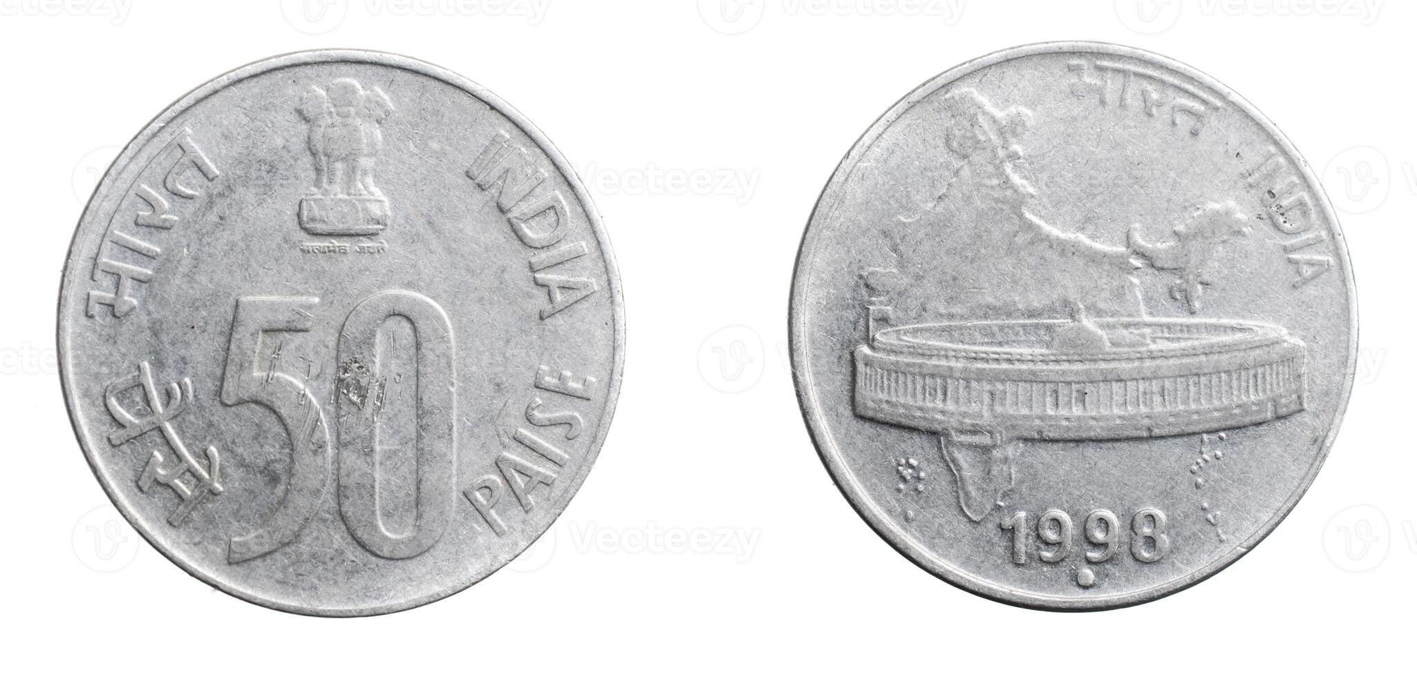India fifty paise coin on white background photo