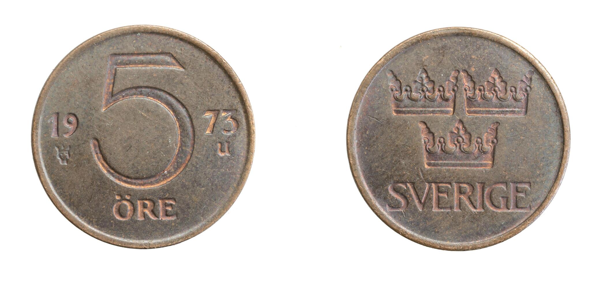 Sweden five ore coin on a white isolated background photo