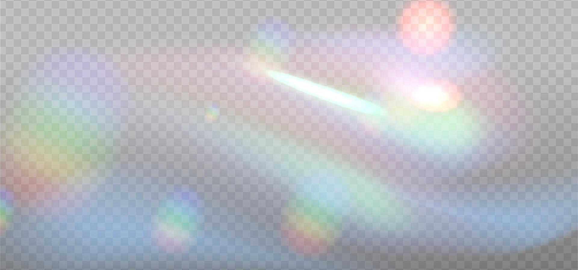 Iridescent crystal leak glare reflection effect. Optical wavy rainbow ray lights, glare, leak, streak overlay. colorful lenses and light flares with transparent effects on light background. vector