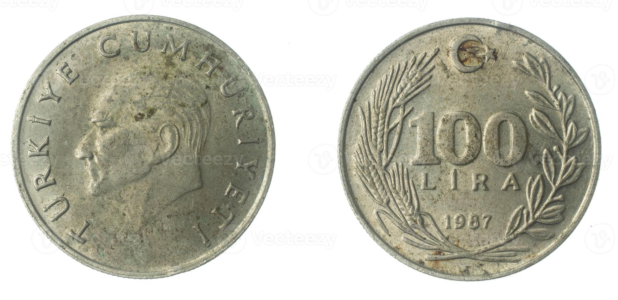 Turkey 100 lira coin on a white isolated background photo