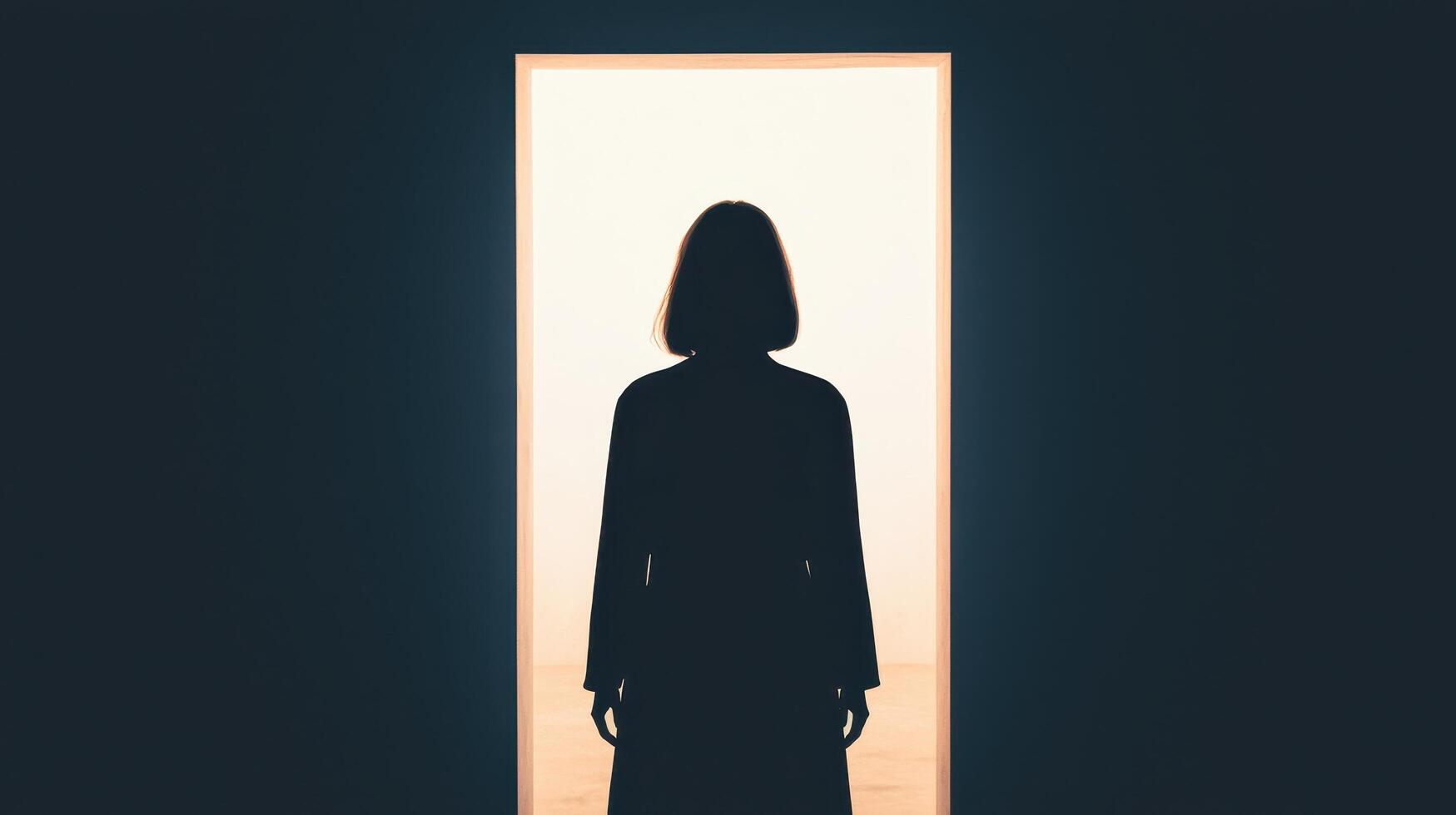 Mysterious silhouette standing in doorway minimalistic space human figure dark background contemplative mood photo