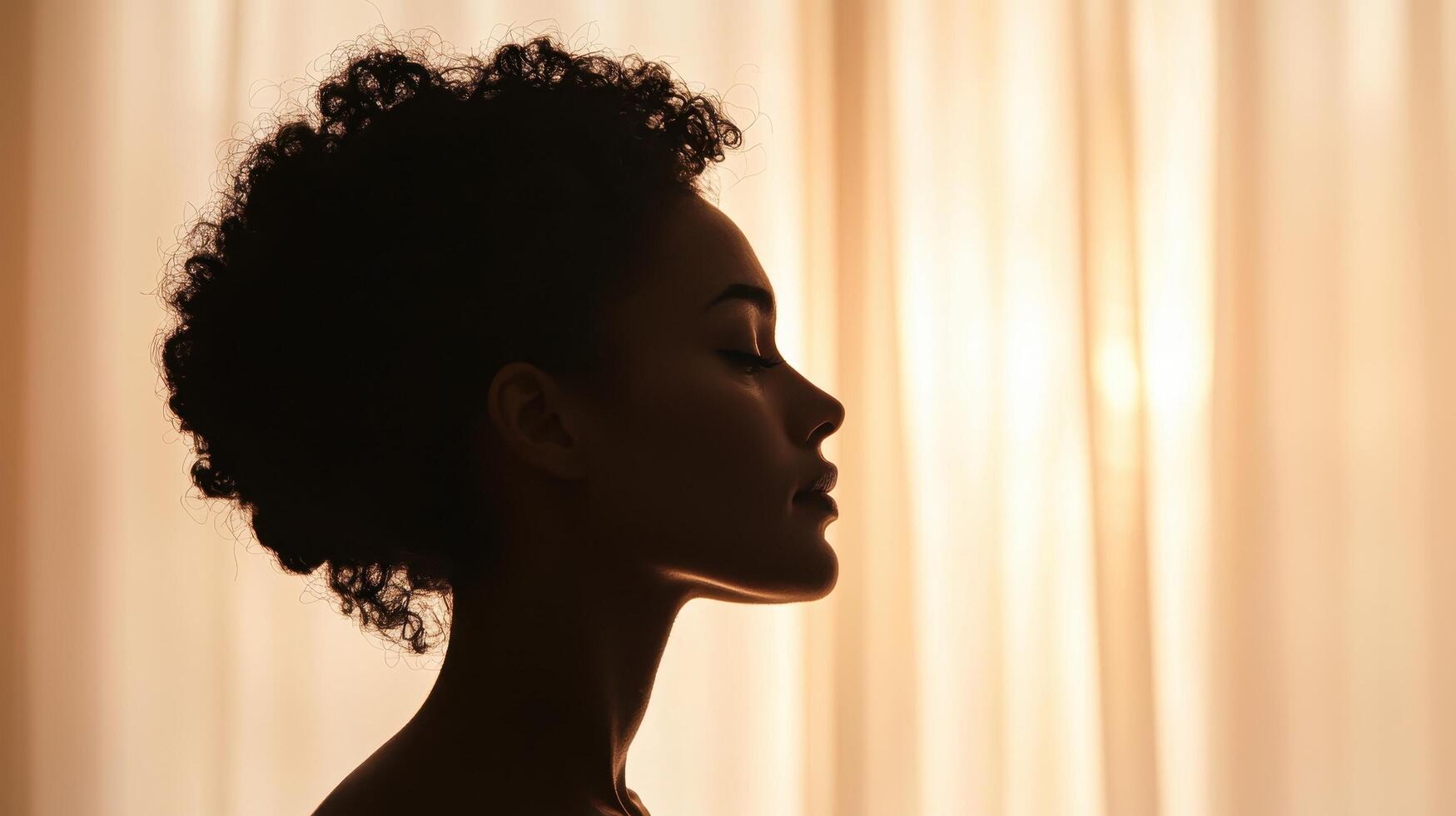 Contemplative woman silhouette soft draped background portrait tranquil environment side view inner peace concept photo