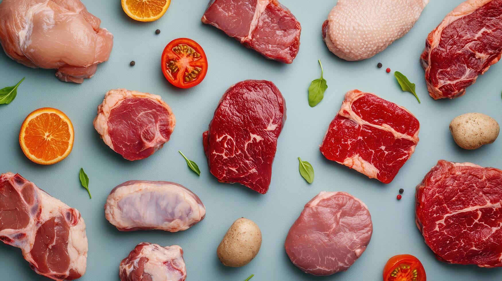 Fresh meat selection on blue background culinary preparations food photography studio setting top-down view gastronomic concept photo