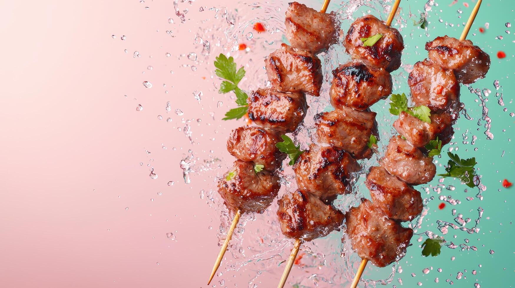 Grilled meat skewers splashing water modern kitchen food photography vibrant background photo
