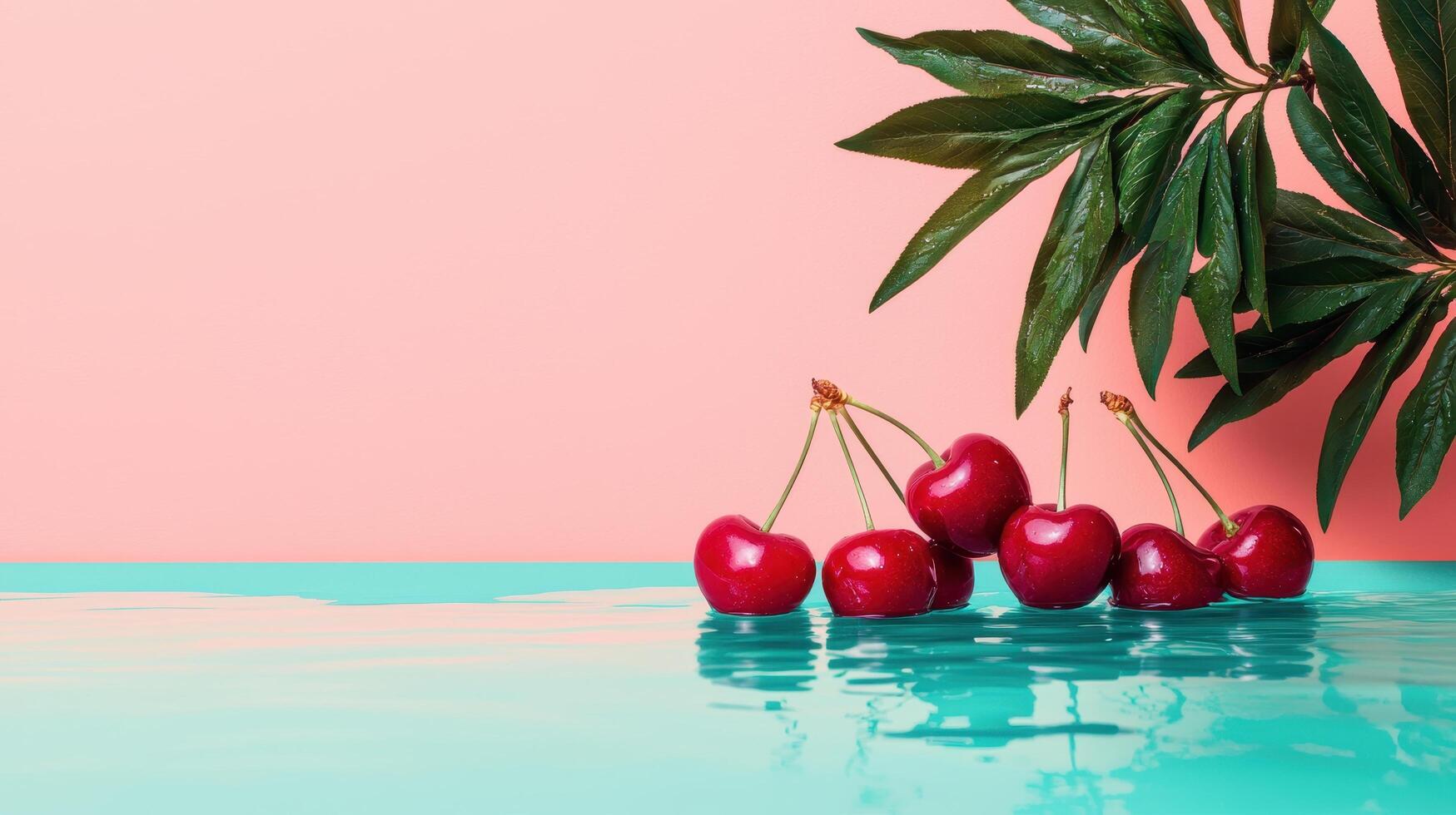 Fresh cherries on aqua surface with leafy background vibrant aesthetic food photography calm environment photo