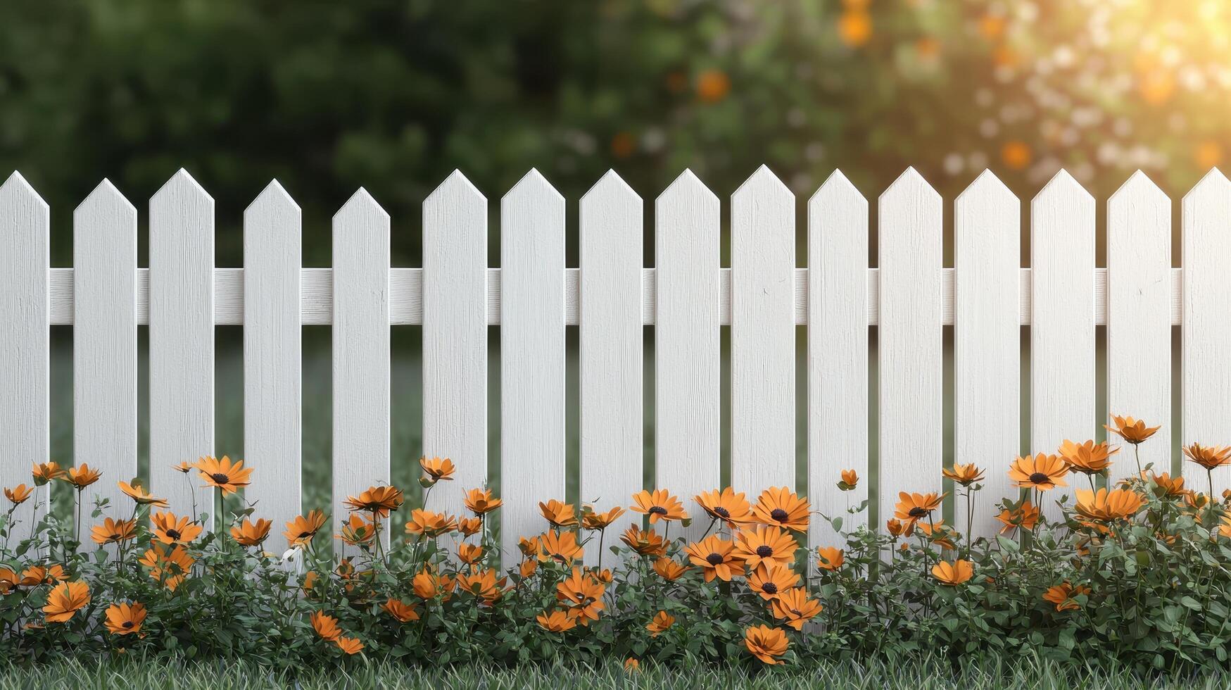 Vibrant orange flowers blooming in front of a white picket fence backyard garden nature background sunlit view photo