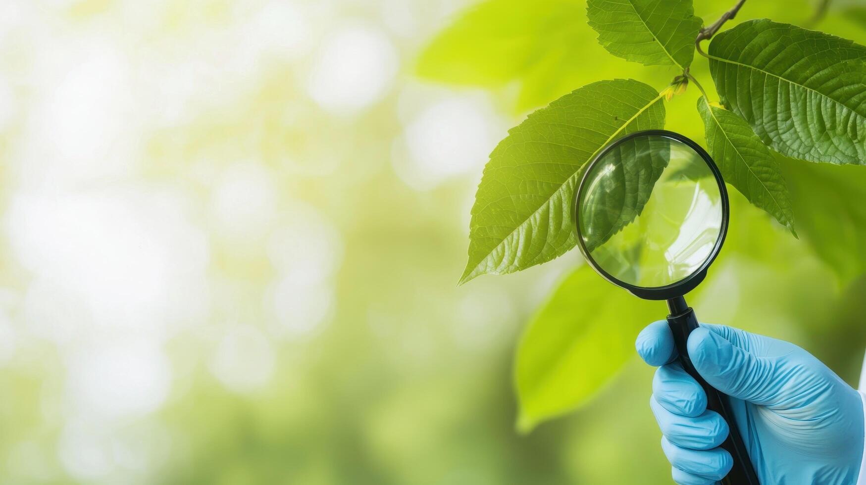 Exploring nature's details outdoor environment scientific observation leafy background close-up view magnifying glass concept photo
