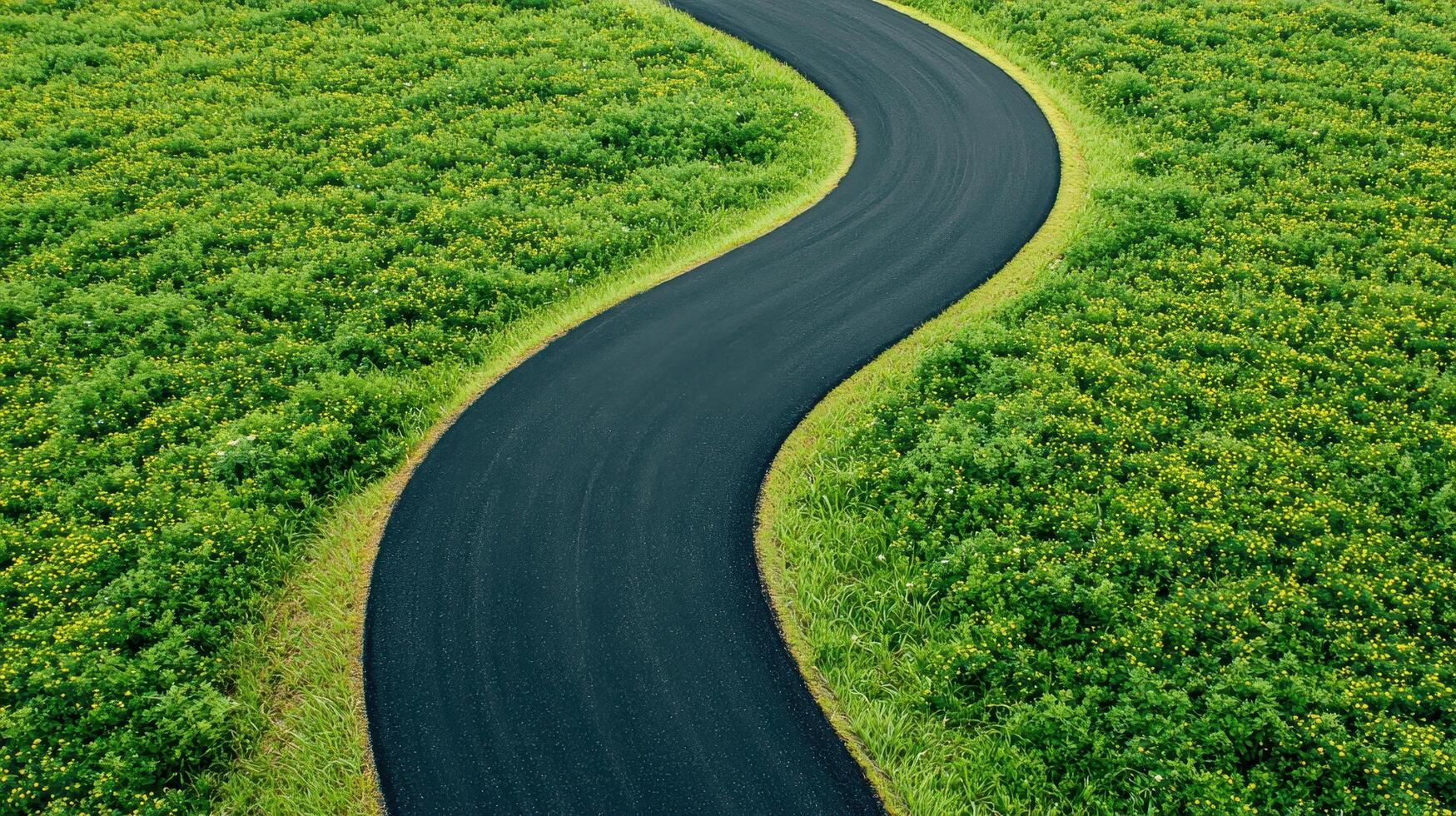 Winding road through lush green fields aerial view nature background serene landscape concept photo