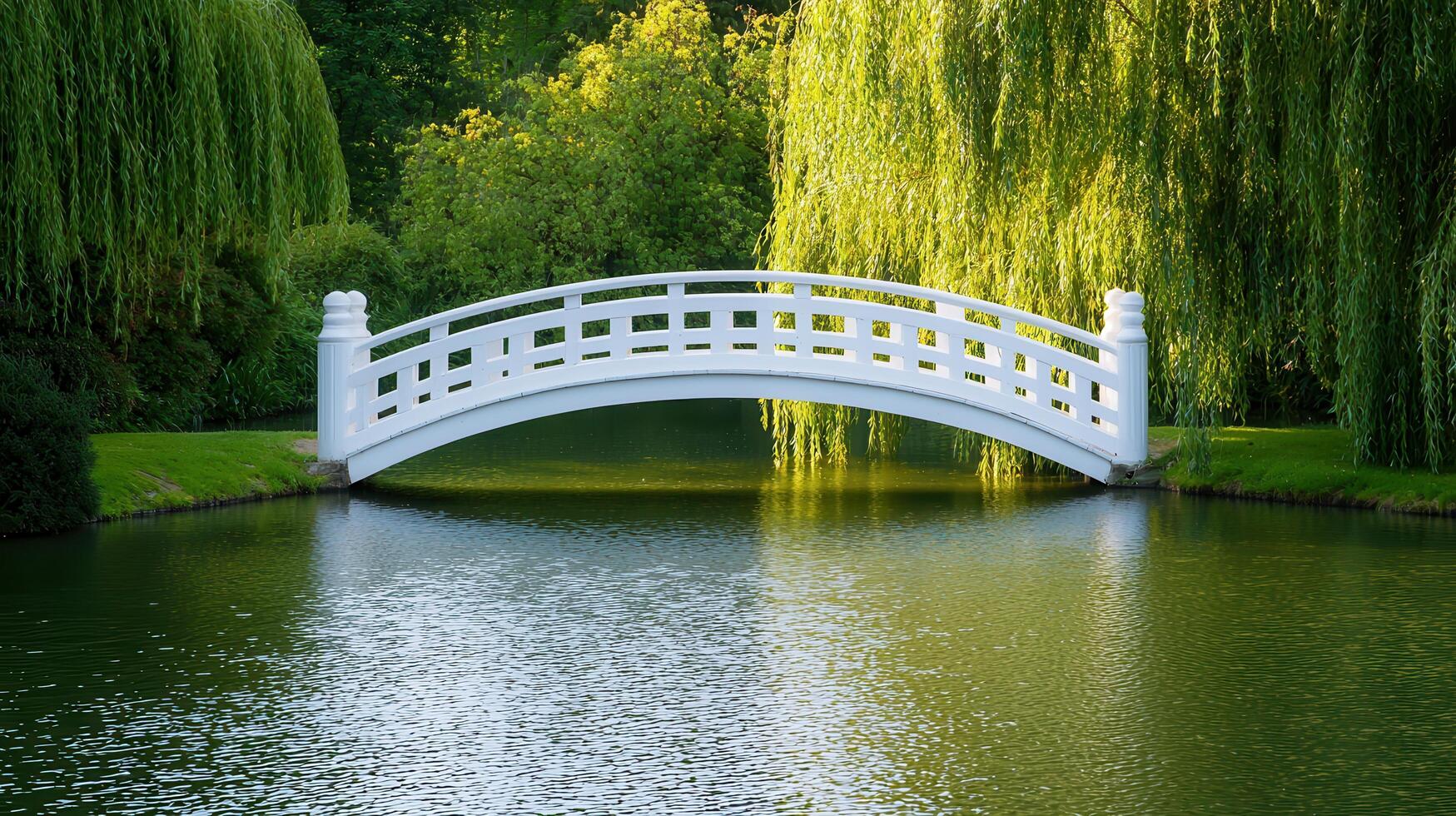 Tranquil bridge reflections serene garden nature scene lush landscape peaceful background photo