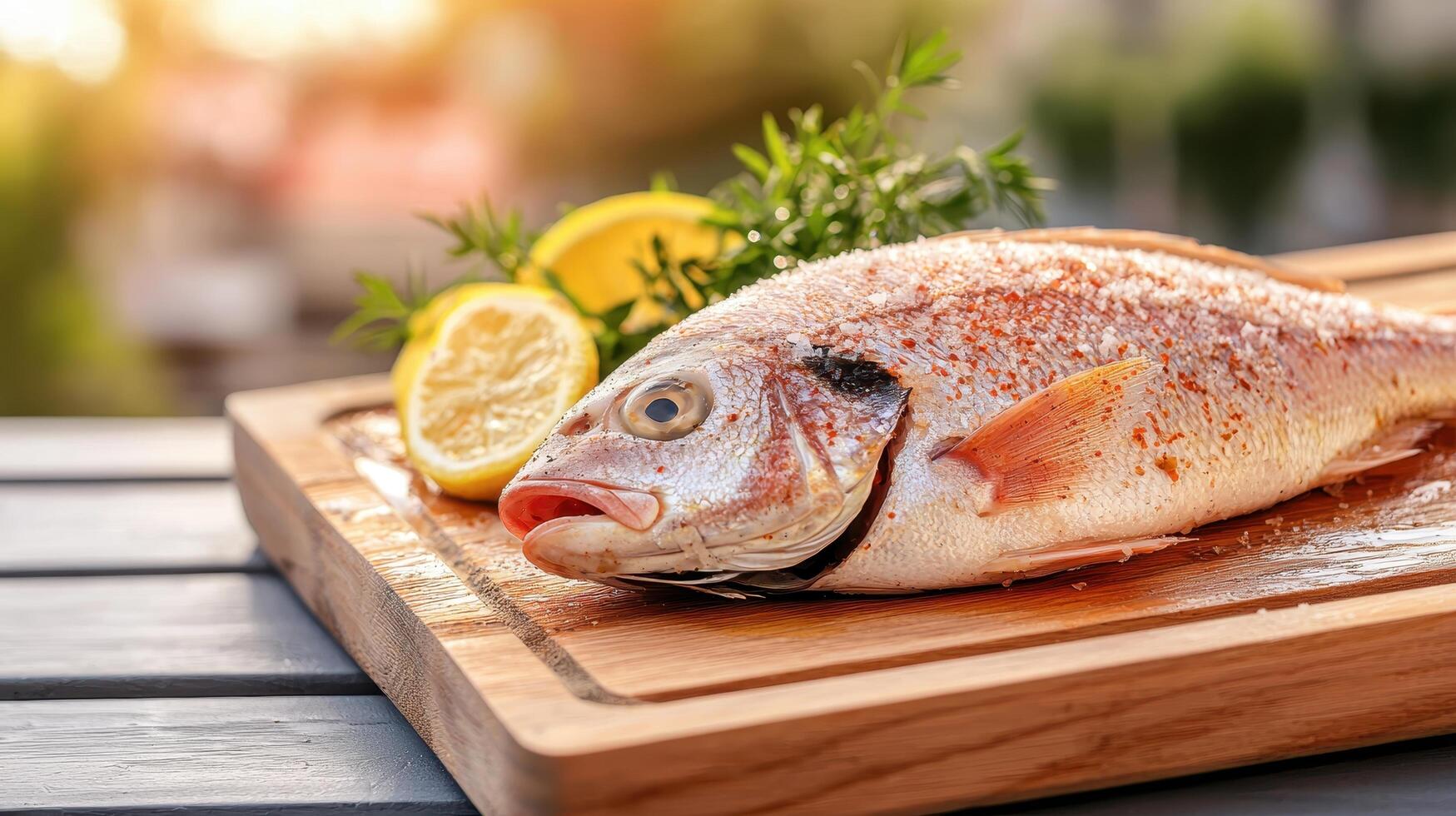 Freshly caught fish on a wooden cutting board with lemons and herbs in a natural background setting photo