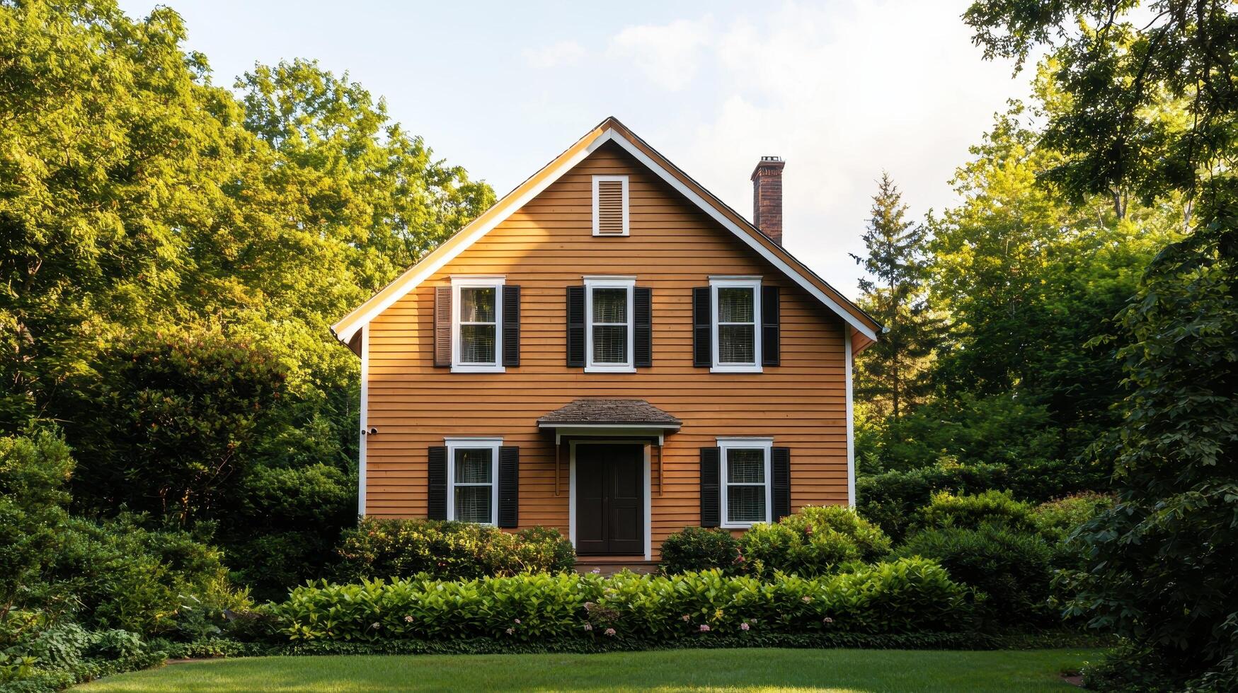 Charming yellow house surrounded by lush greenery outdoor scene nature background tranquil environment photo