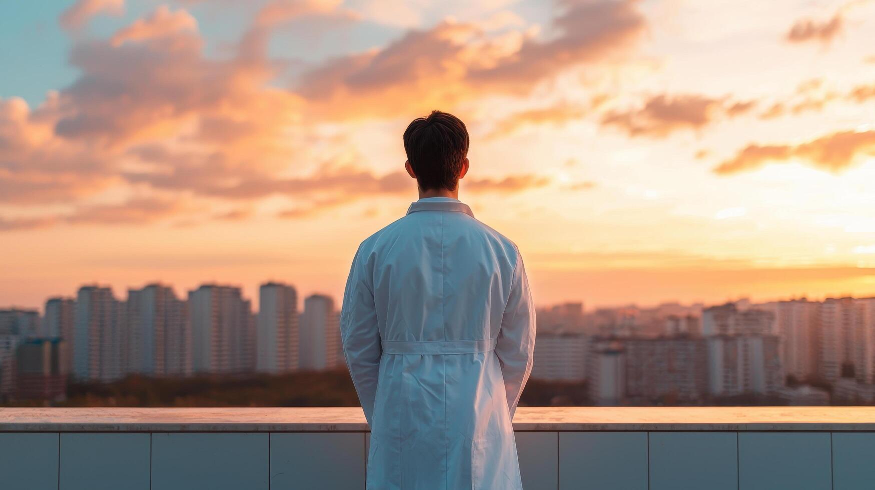 Doctor contemplating future at sunset urban background inspirational image peaceful environment wide viewpoint photo