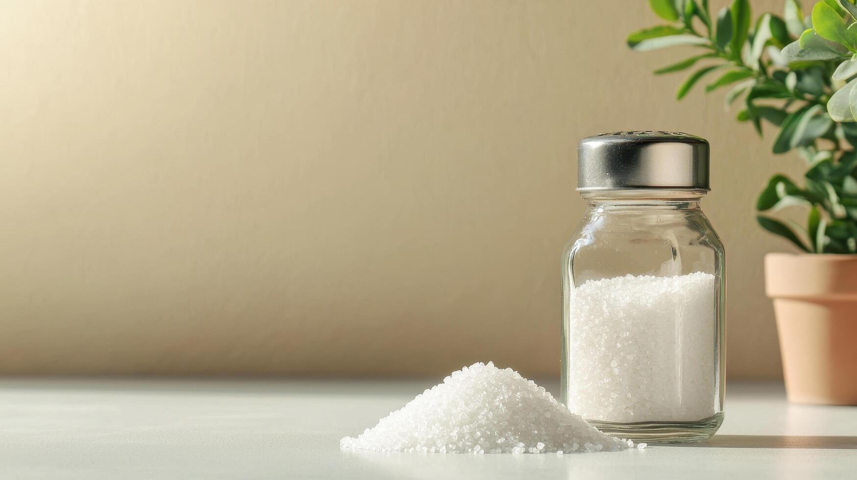 Salt shaker with spilled salt and green plant background on table in cozy kitchen environment photo