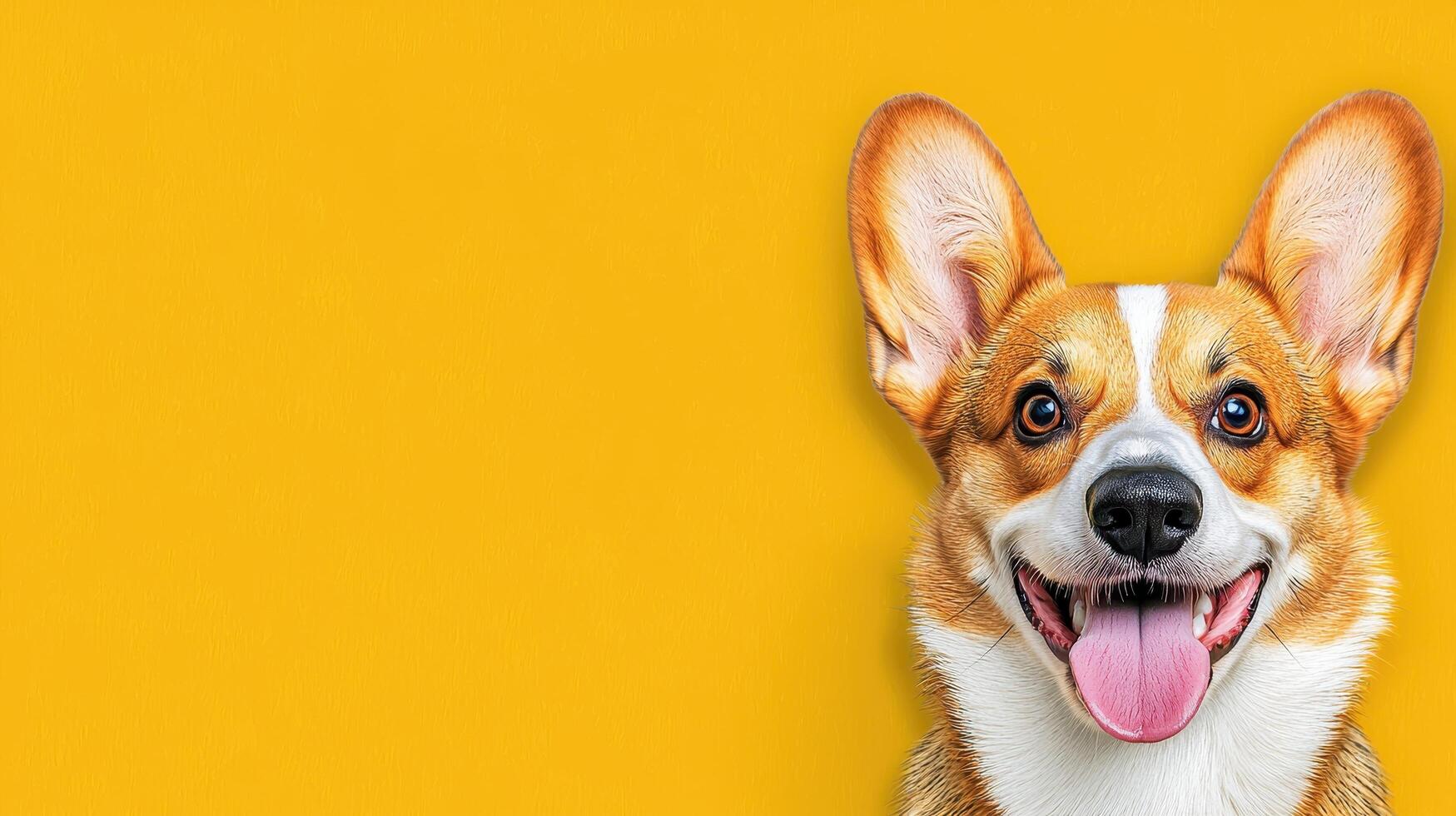 Happy corgi dog portrait vibrant yellow background pet photography indoor setting close-up view joyful concept photo