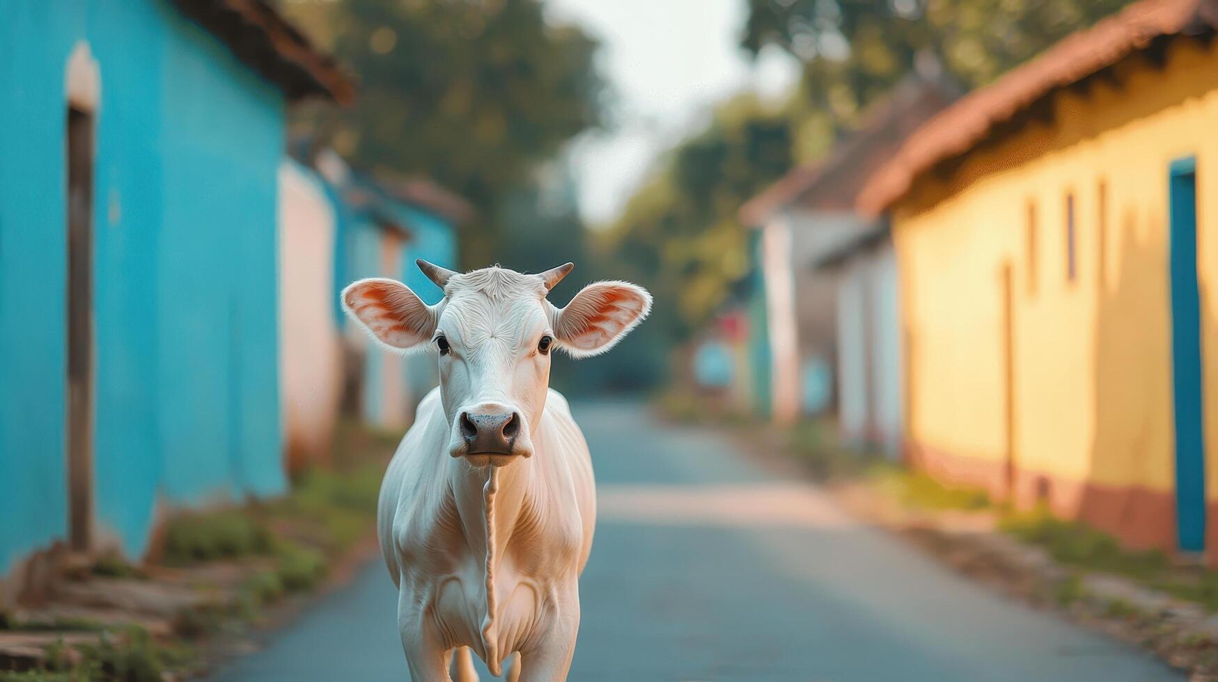 Cow walking down colorful village street rural area animal portrait scenic background vibrant environment photo