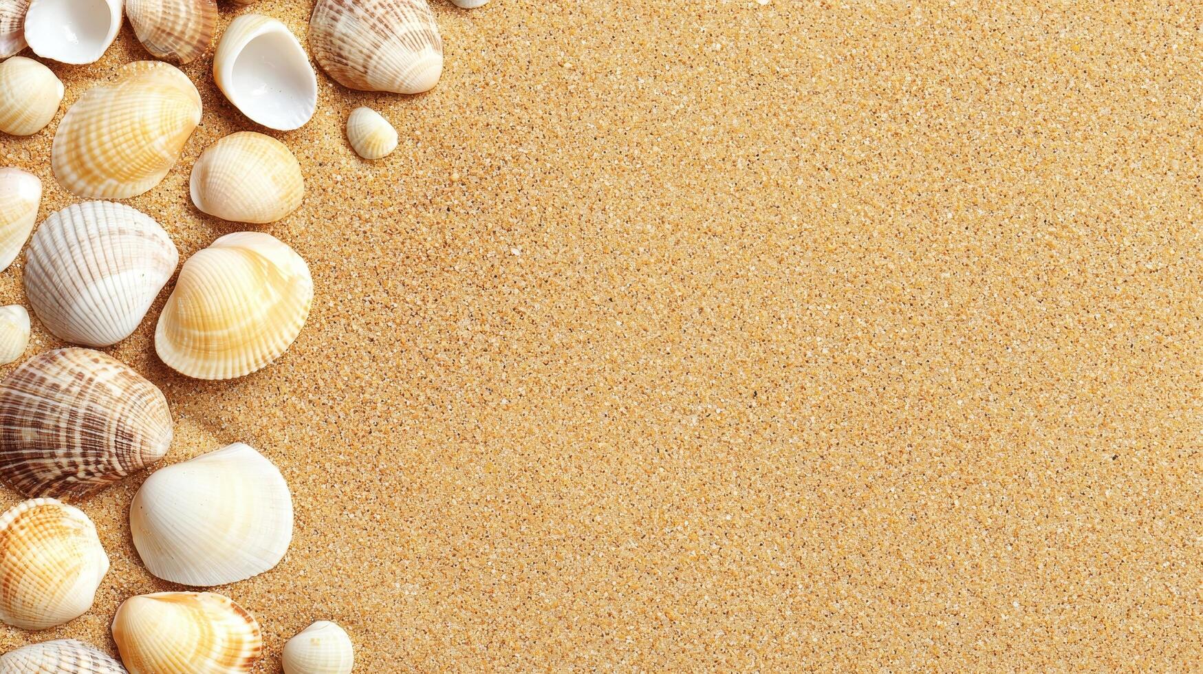 Seashells on sandy beach background coastal nature scene close-up view relaxing environment photo