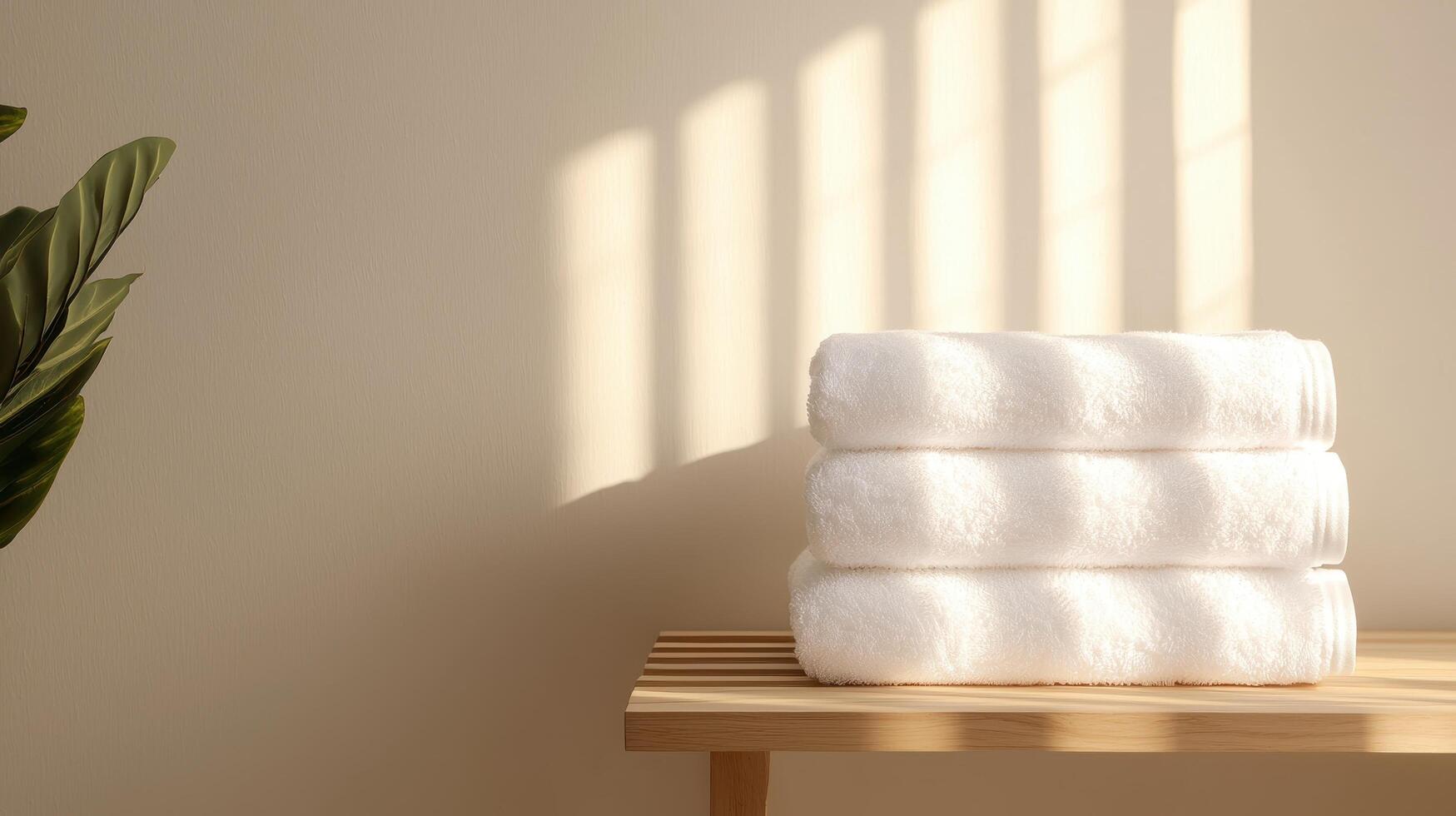 Freshly stacked white towels in a minimalist bathroom background with natural light relaxing environment photo