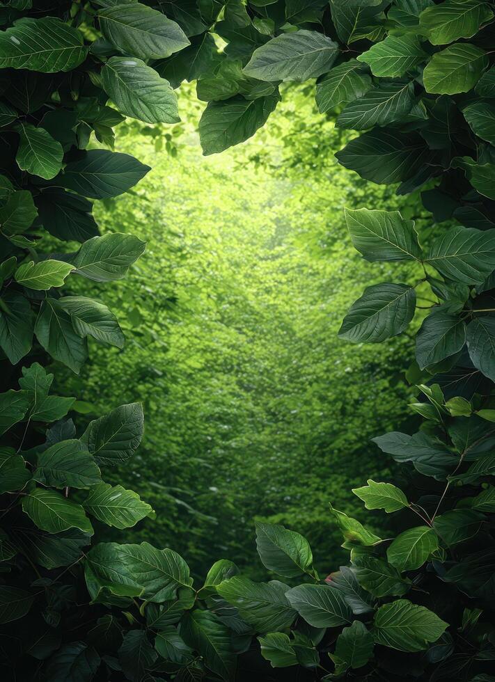 Lush greenery framing a sunlit pathway forest background nature photography tranquil environment close-up view photo
