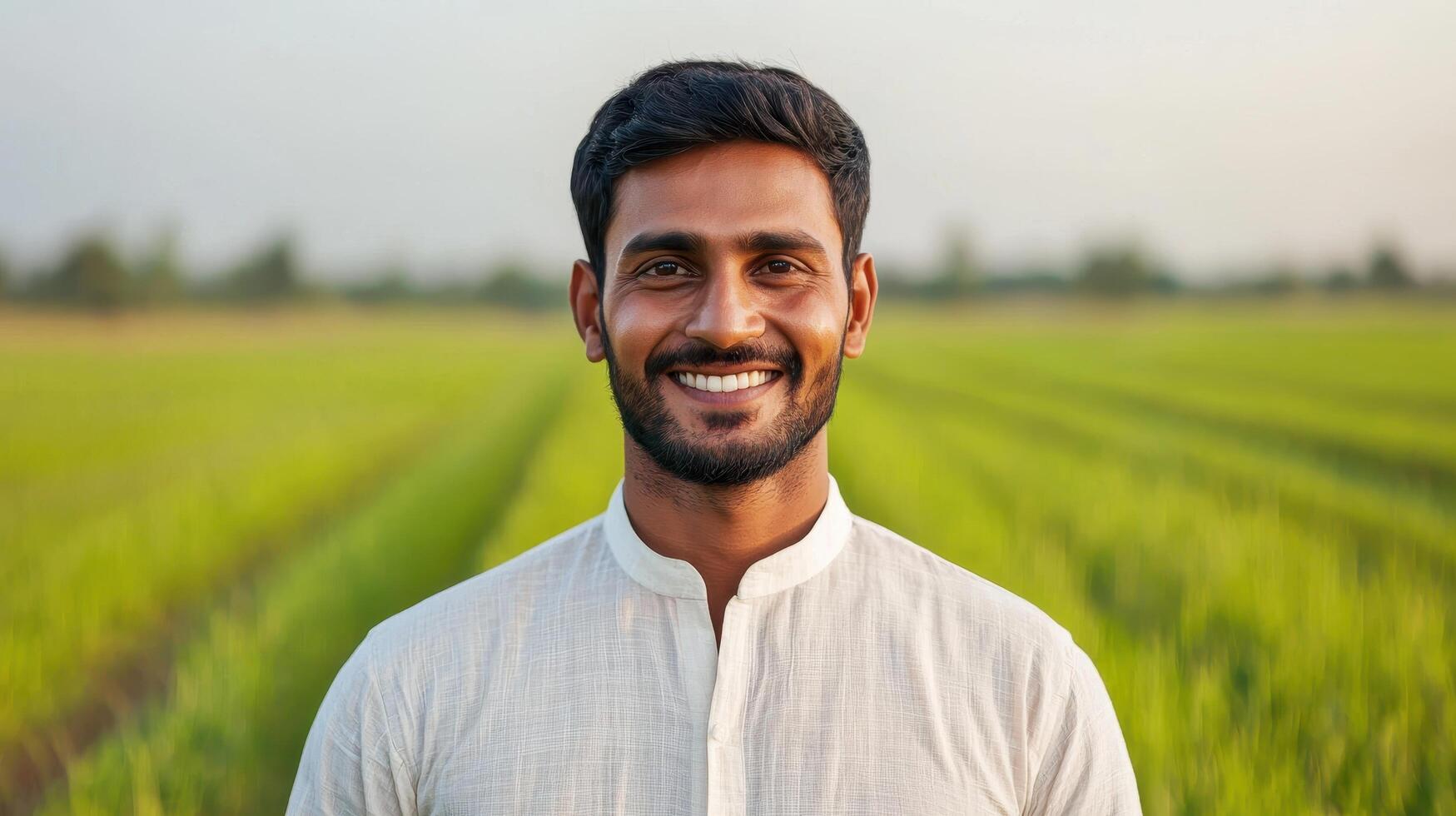Smiling farmer in lush green rice field rural landscape portrait photography natural background photo