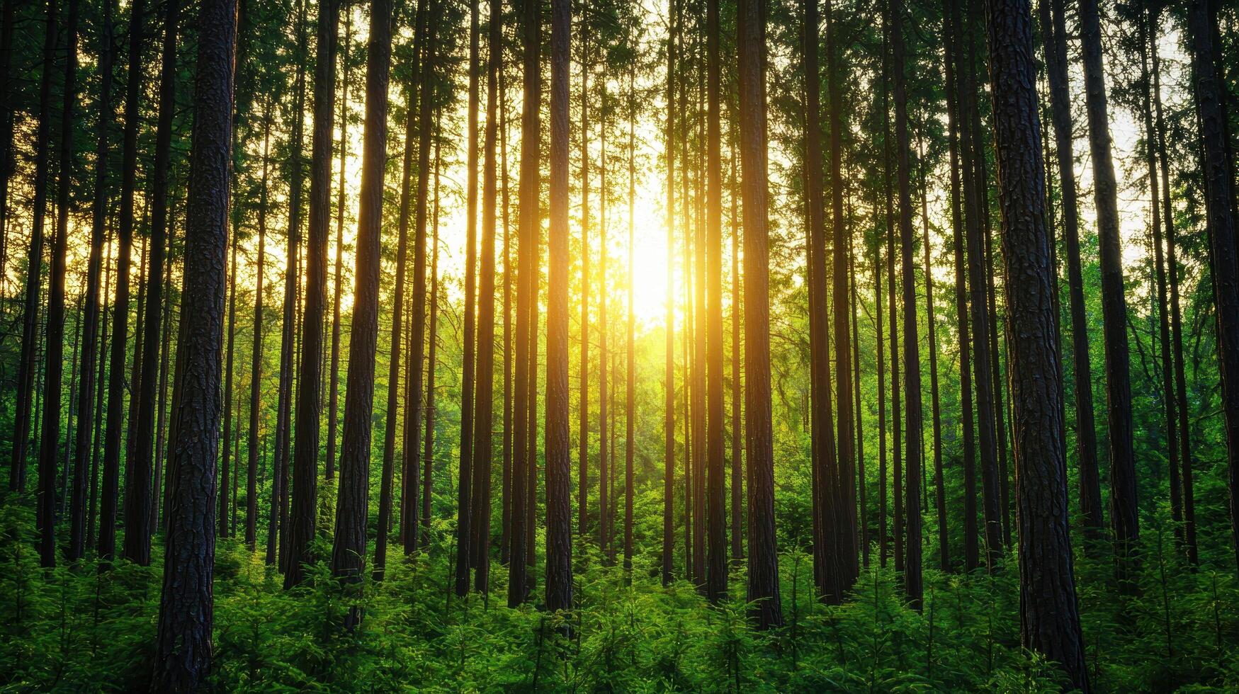 Golden sunlight filtering through tall trees in forest background nature photography tranquil environment photo