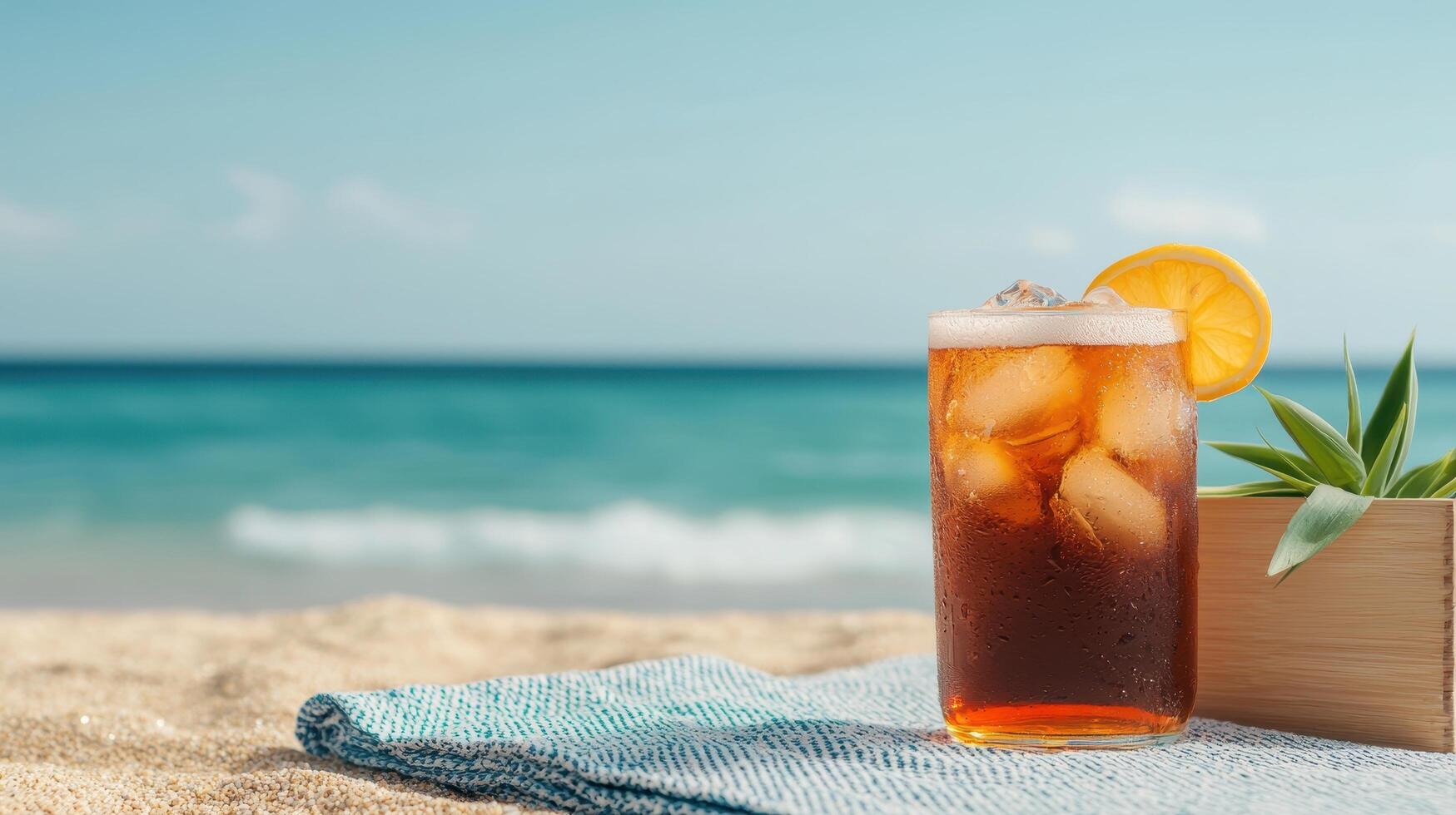 Refreshing iced tea drink on a sandy beach with ocean background relaxing lifestyle scene photo