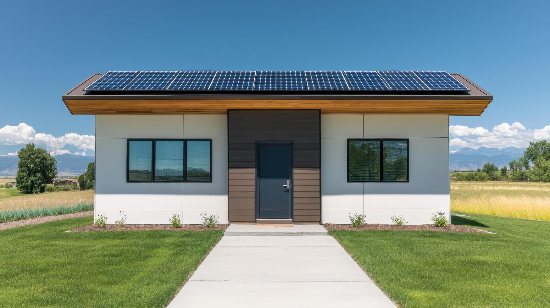 Solar-powered modern home rural landscape architecture bright background front view sustainable living concept photo