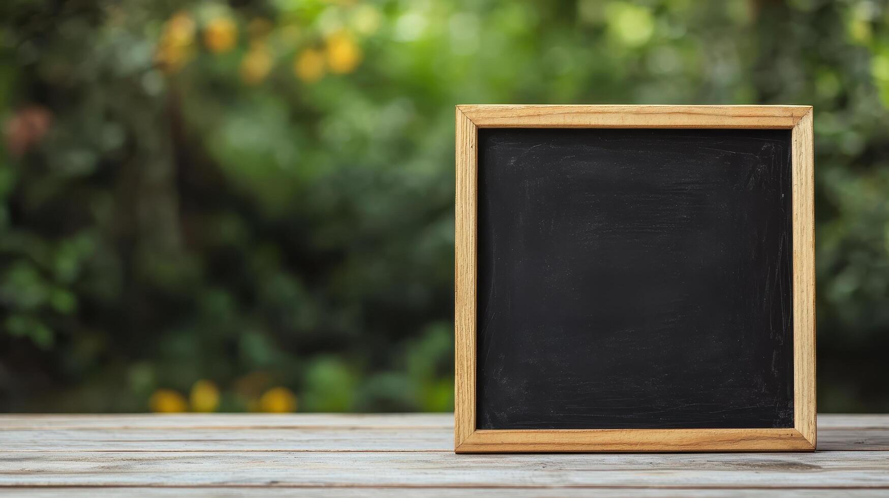 Chalkboard display natural garden background empty frame outdoor setting rustic viewpoint creative concept photo