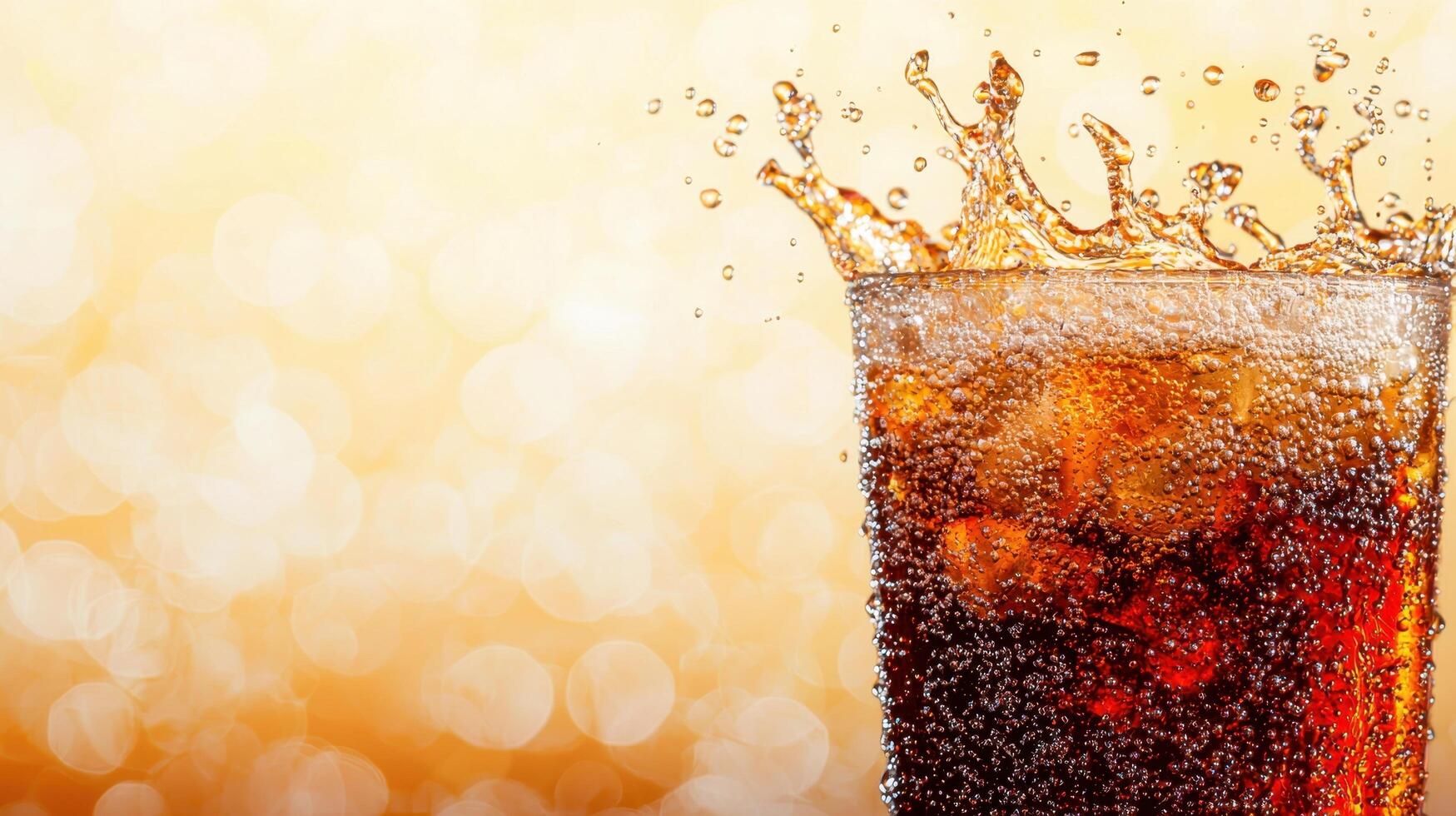 Refreshing splash of cola in a glass bright background beverage photography crisp environment close-up view photo