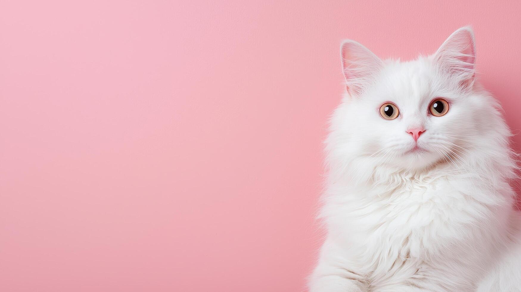 Playful white cat on pink background pet photography indoor setting close-up cute concept photo