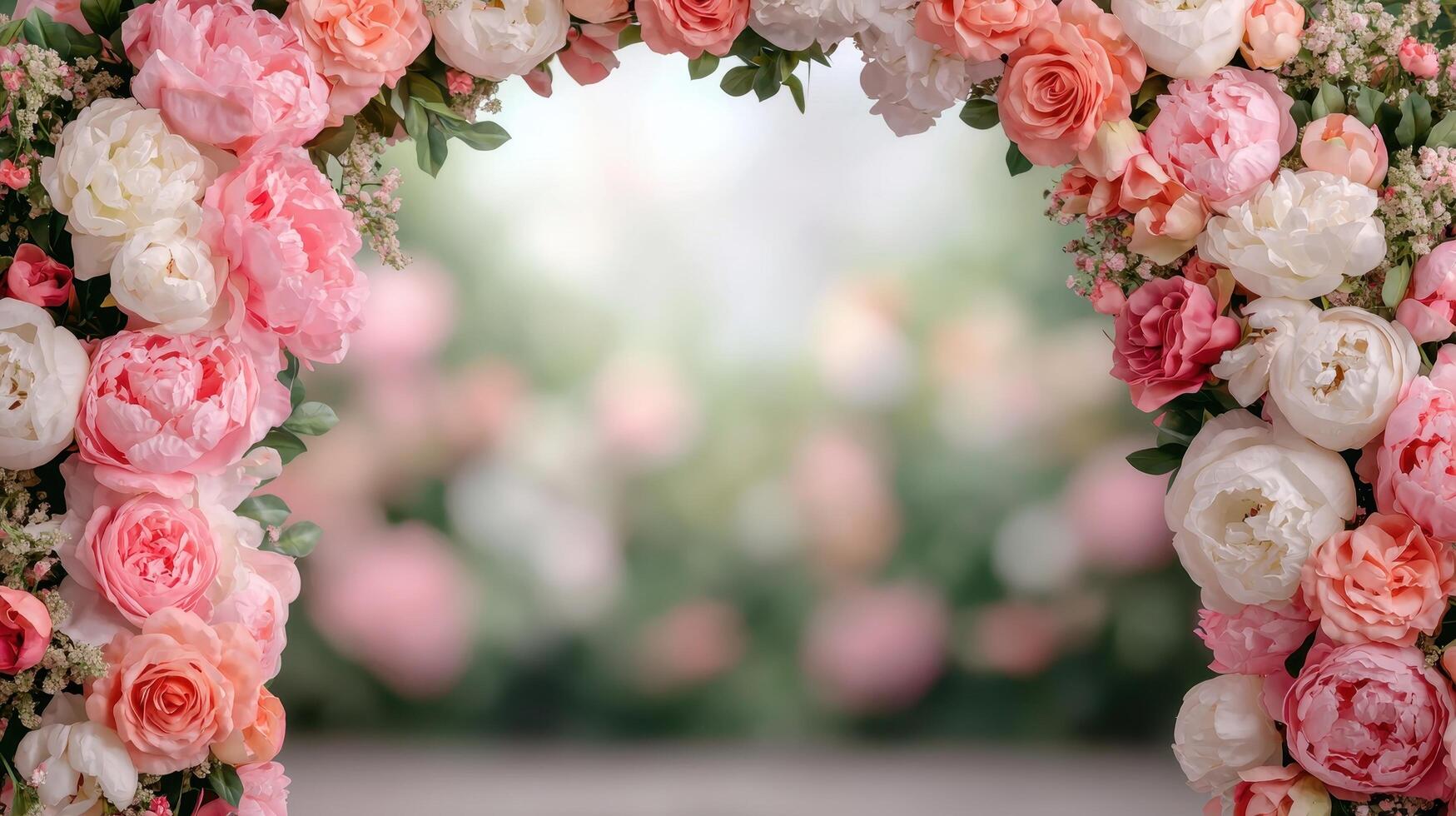 Floral archway decor outdoor wedding venue photography background romantic atmosphere close-up view photo