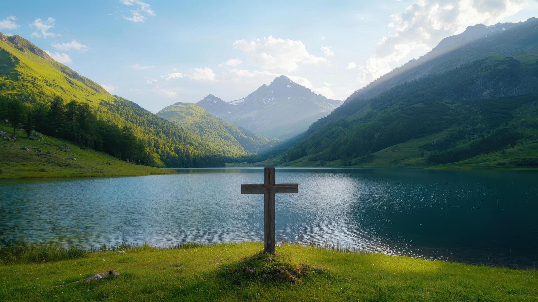 Tranquil lake reflection mountainous landscape scenic nature photography serene background photo