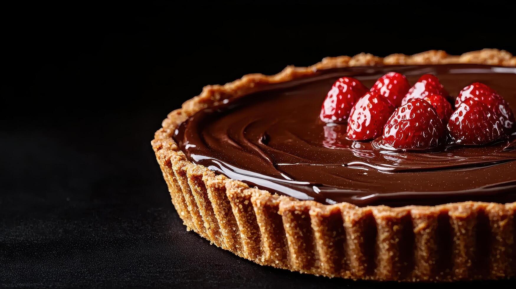 Decadent chocolate tart with strawberries dark background food photography gourmet dessert close-up view culinary concept photo