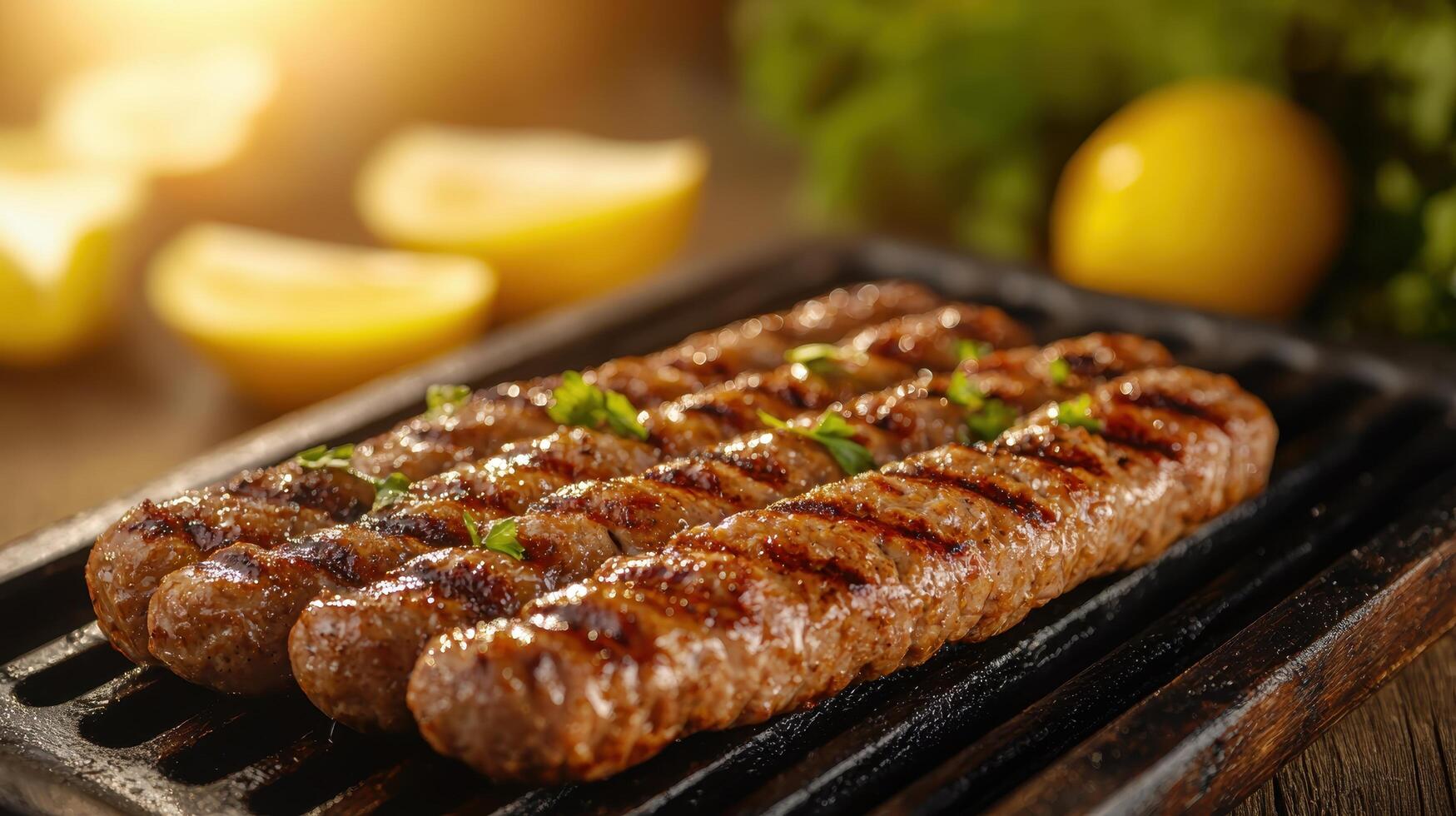 Grilling juicy kebabs in the kitchen culinary delight cozy atmosphere background of fresh ingredients photo